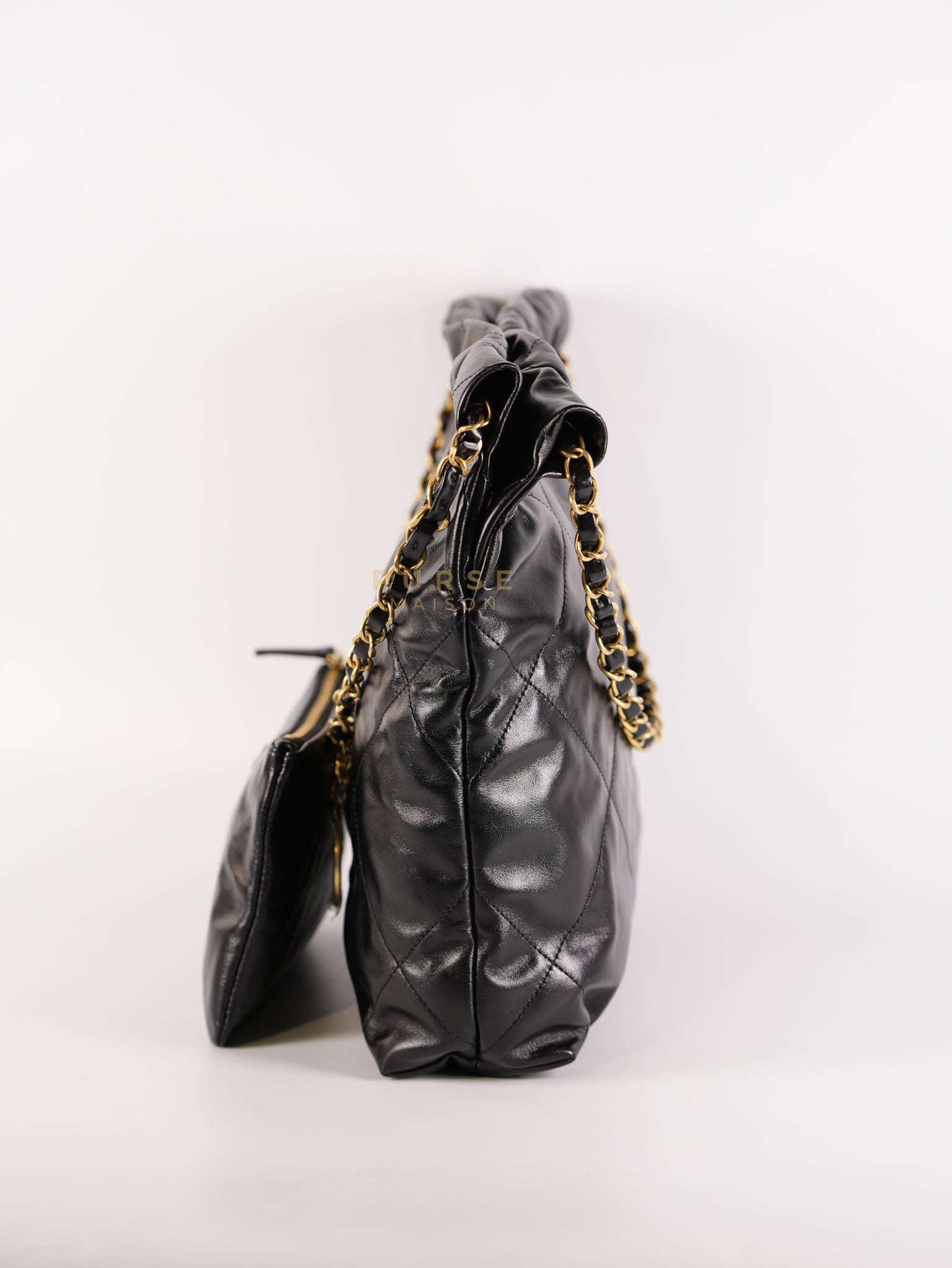 22 Small in Black Lambskin Leather and Aged Gold Hardware (Microchip) | Purse Maison Luxury Bags Shop