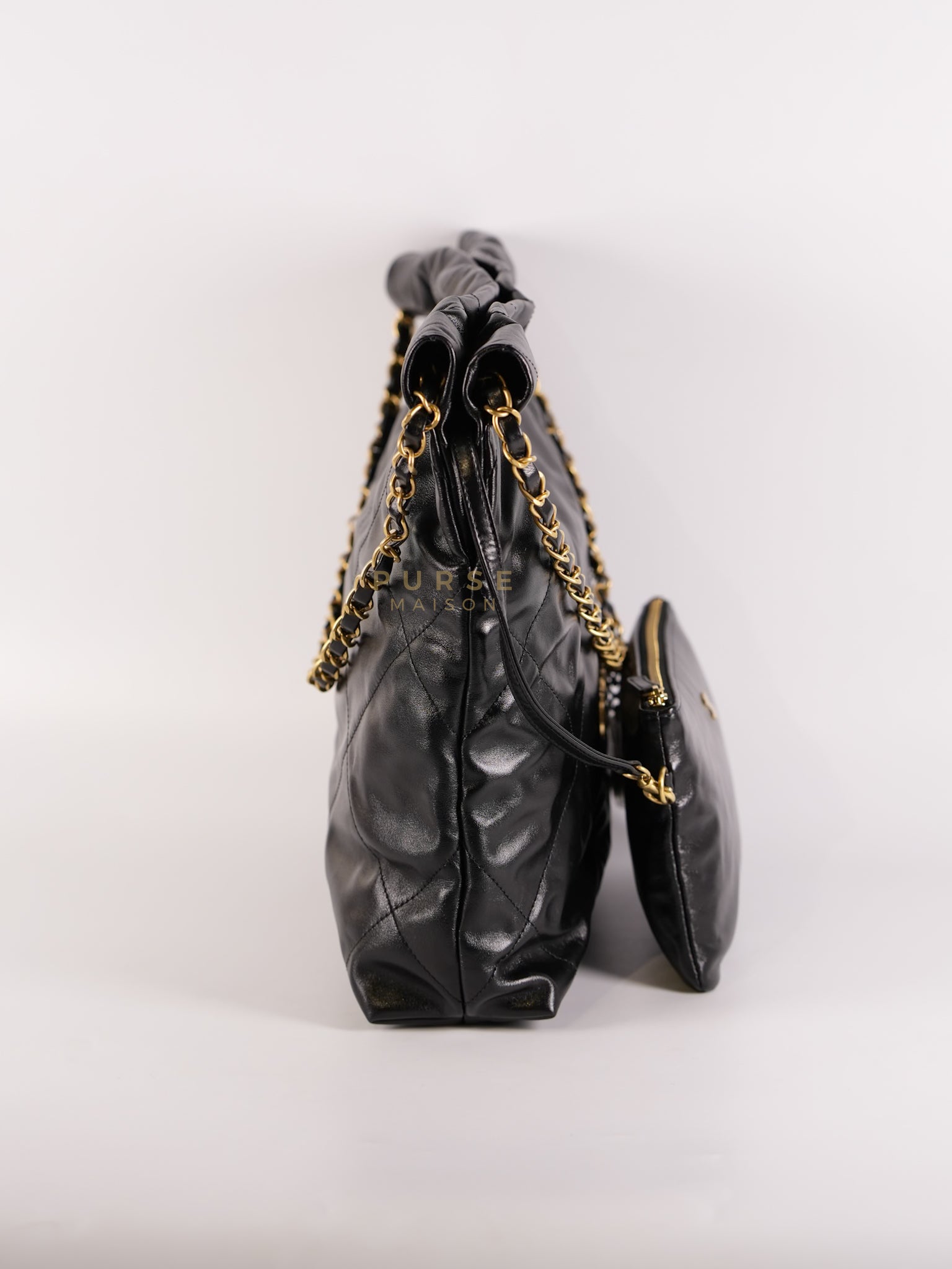 22 Small in Black Lambskin Leather and Aged Gold Hardware (Microchip) | Purse Maison Luxury Bags Shop