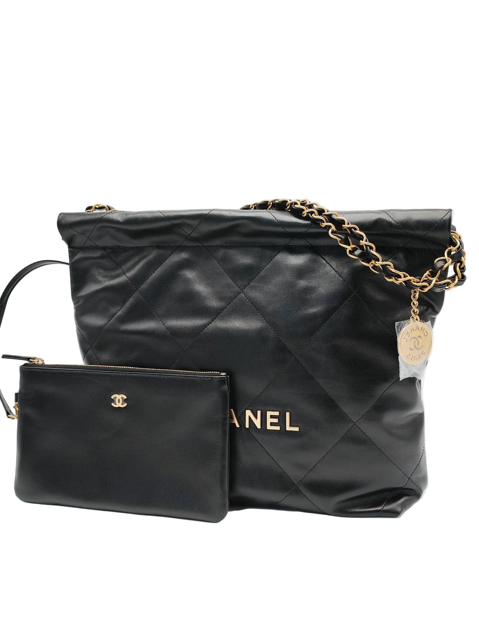 22 Small in Black Quilted Shiny Calfskin Leather and Aged Gold Hardware (Microchip) | Purse Maison Luxury Bags Shop