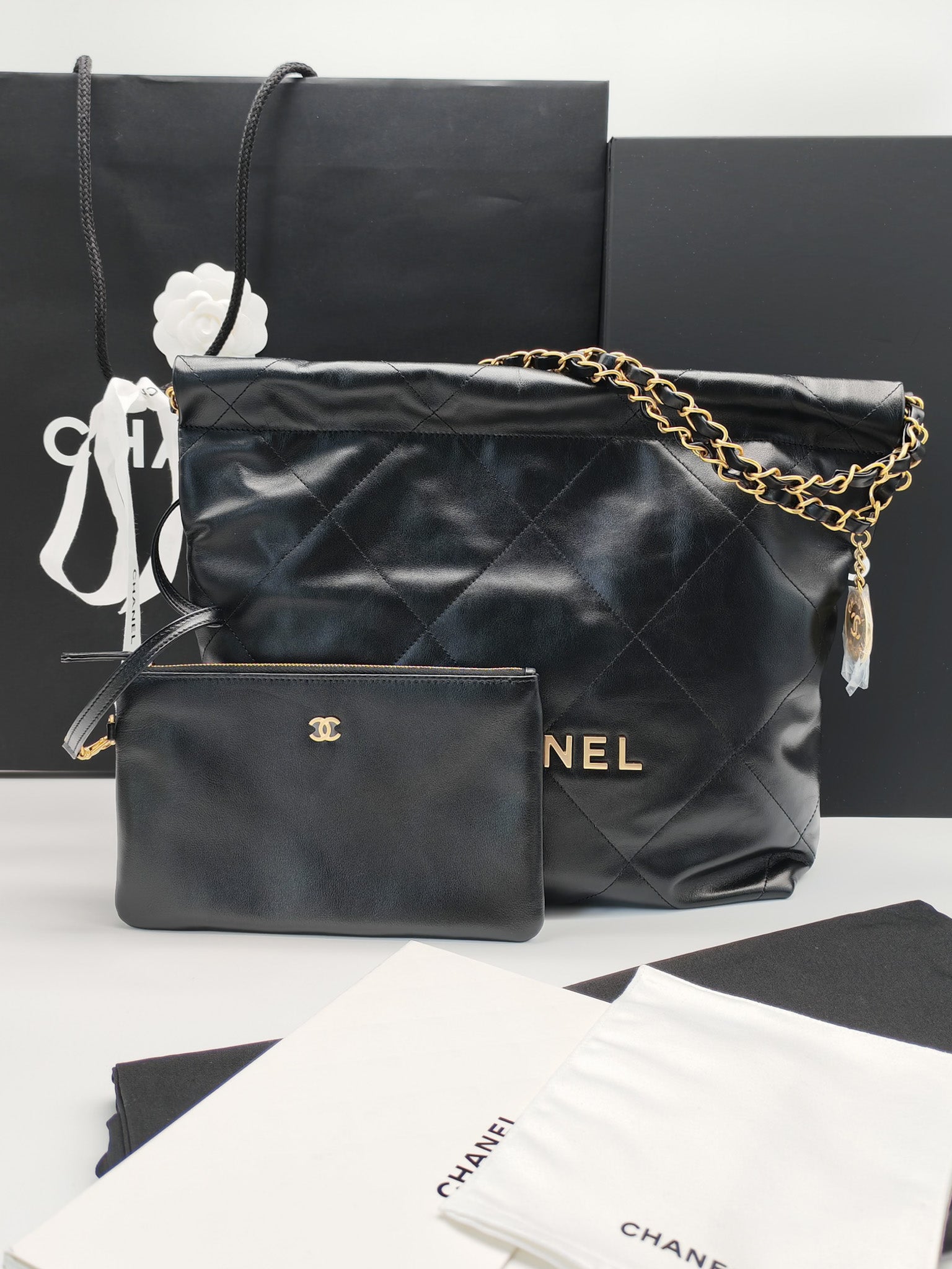 22 Small in Black Quilted Shiny Calfskin Leather and Aged Gold Hardware (Microchip) | Purse Maison Luxury Bags Shop