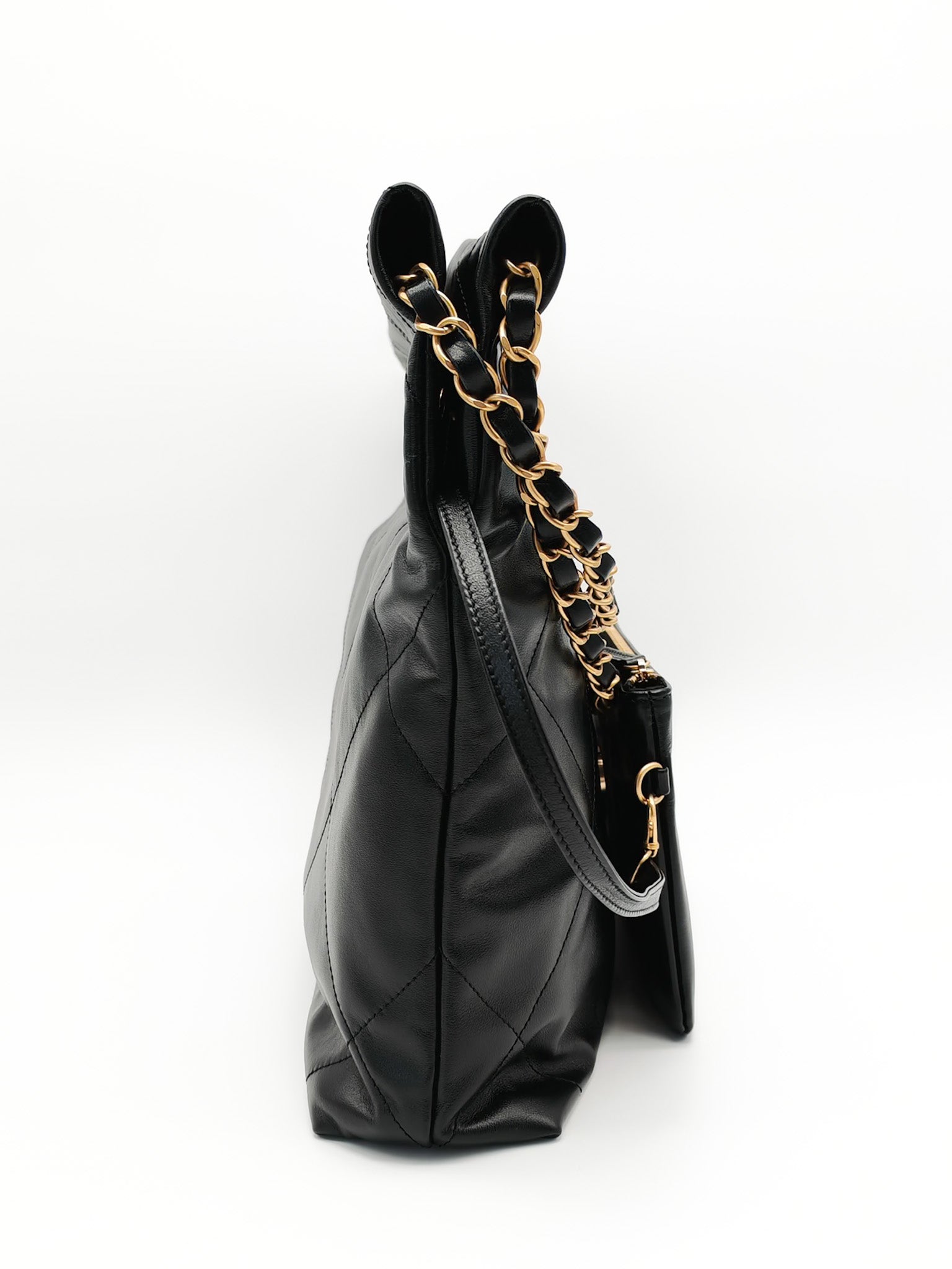 22 Small in Black Quilted Shiny Calfskin Leather and Aged Gold Hardware (Microchip) | Purse Maison Luxury Bags Shop