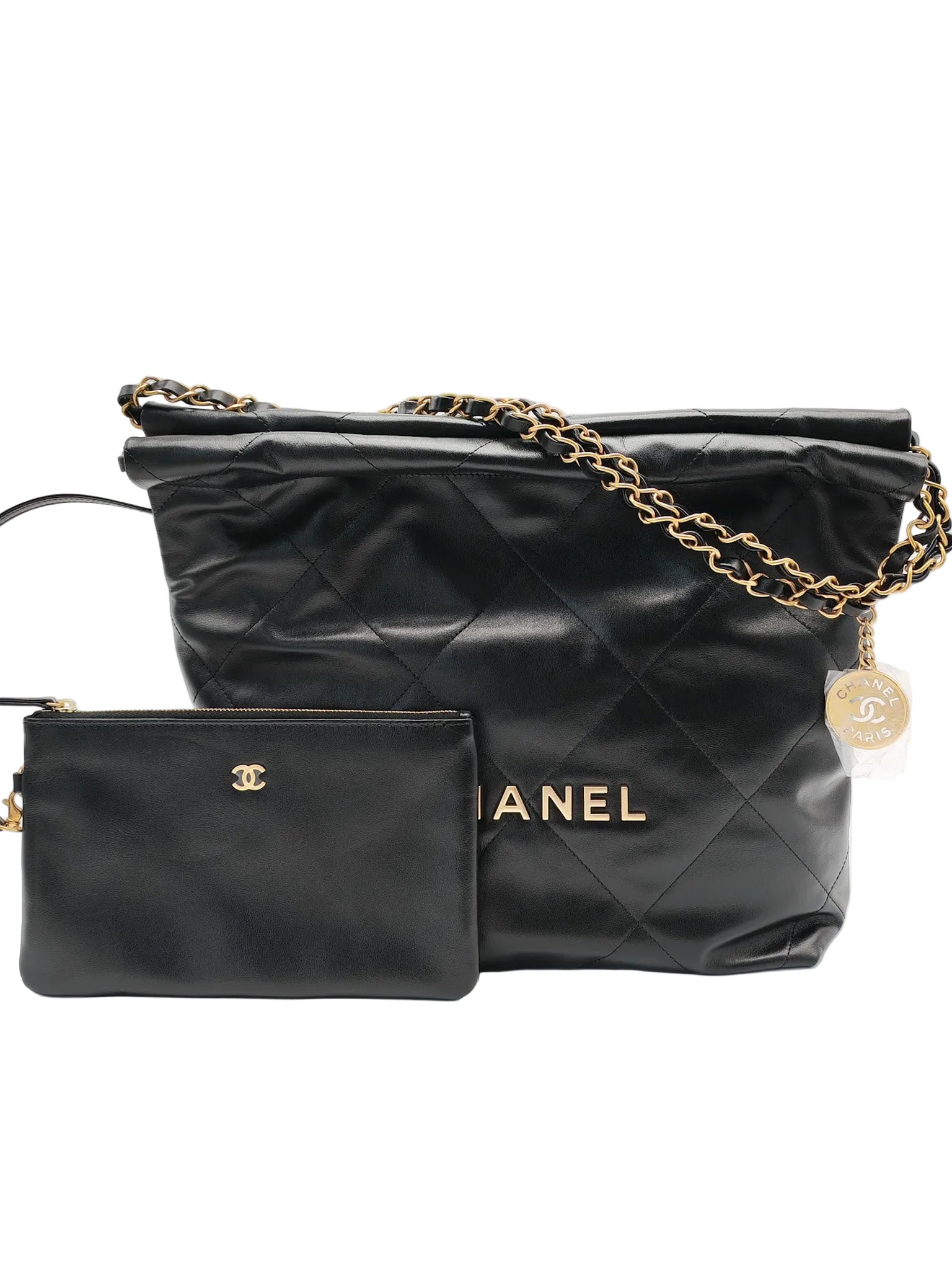 22 Small in Black Quilted Shiny Calfskin Leather and Aged Gold Hardware (Microchip) | Purse Maison Luxury Bags Shop