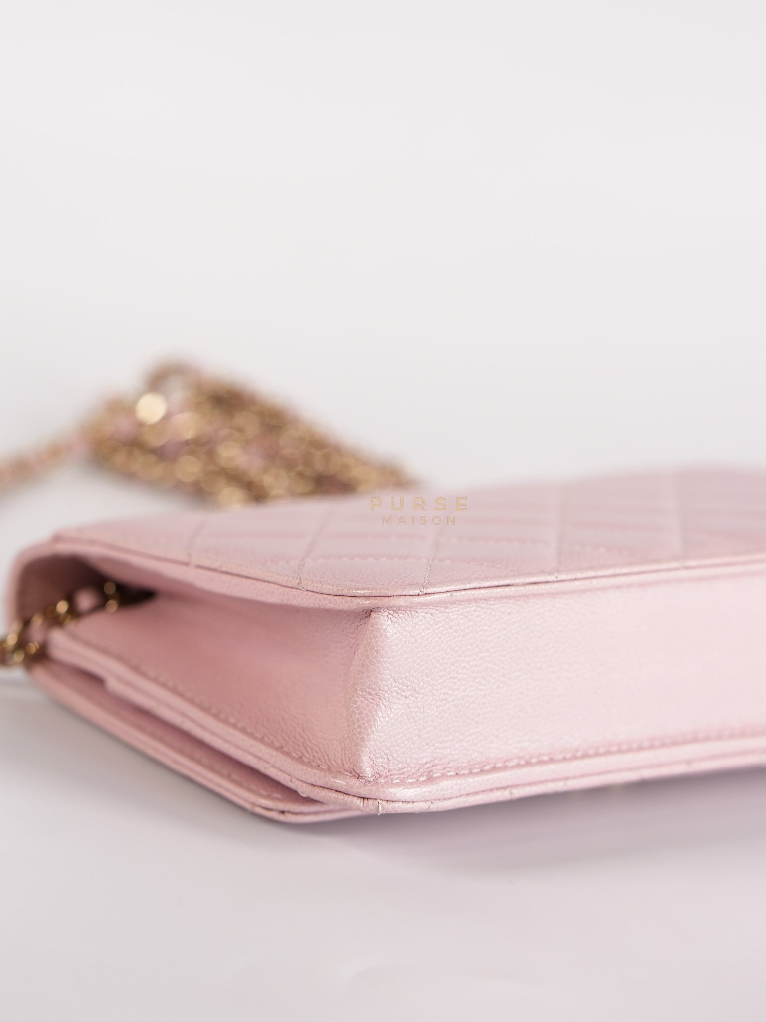 22B Golden CC Wallet on Chain in Pink Caviar Leather and Light Gold Hardware (Microchip) | Purse Maison Luxury Bags Shop