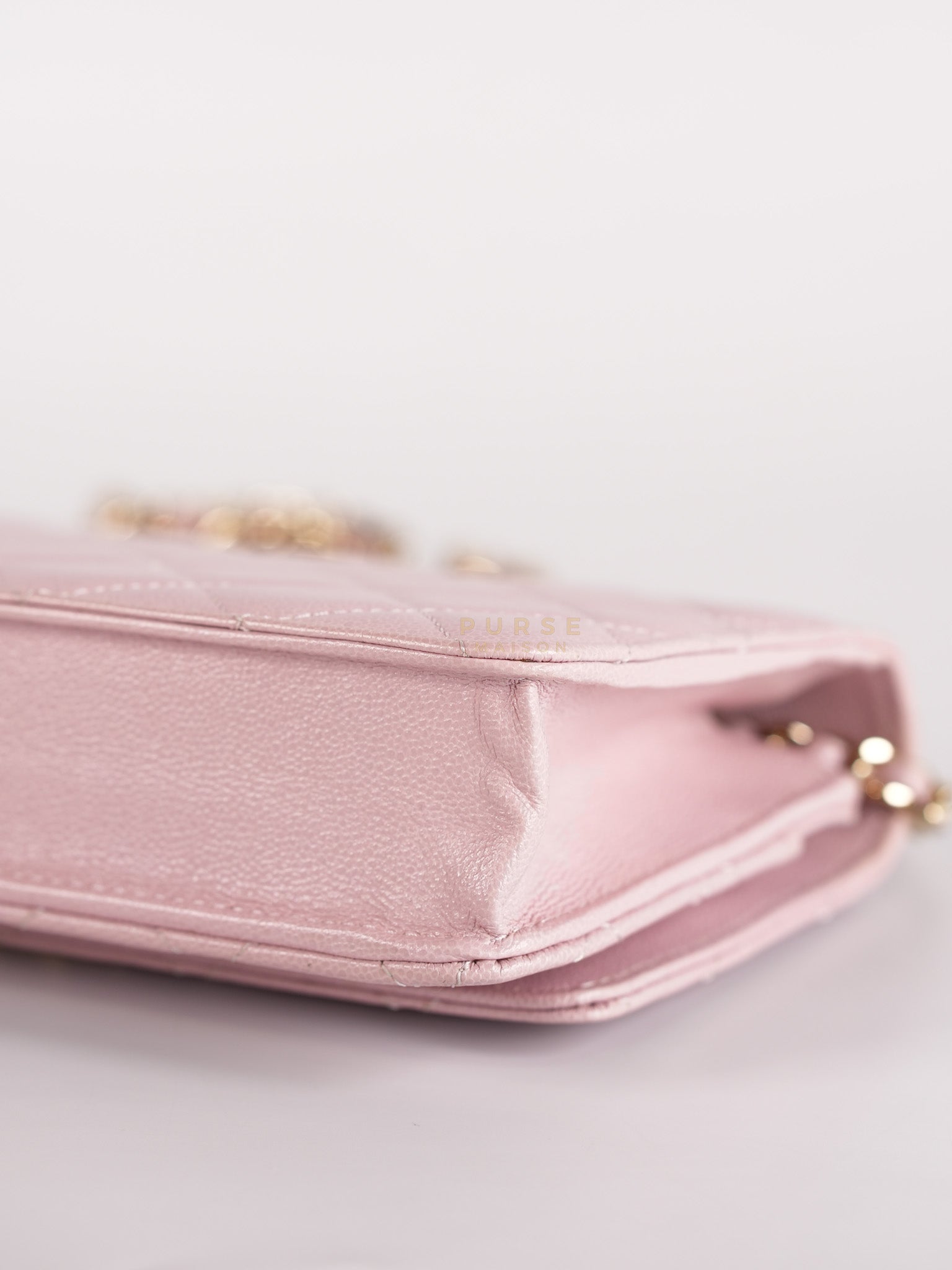 22B Golden CC Wallet on Chain in Pink Caviar Leather and Light Gold Hardware (Microchip) | Purse Maison Luxury Bags Shop