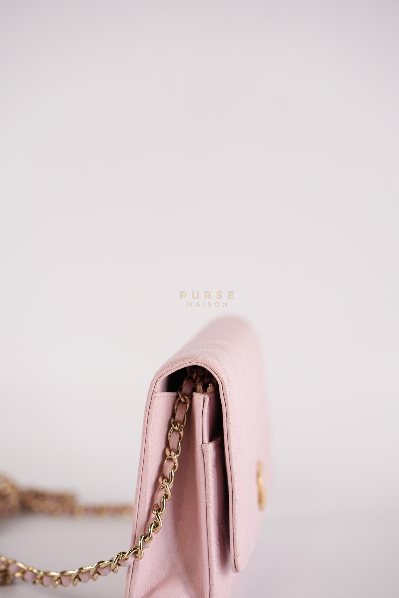 22B Golden CC Wallet on Chain in Pink Caviar Leather and Light Gold Hardware (Microchip) | Purse Maison Luxury Bags Shop