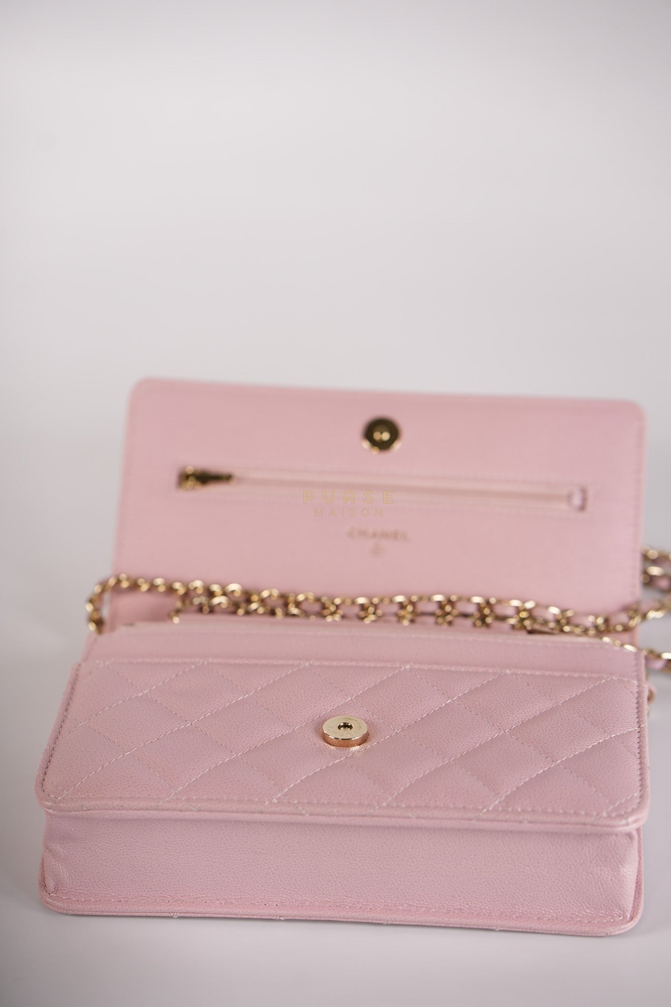 22B Golden CC Wallet on Chain in Pink Caviar Leather and Light Gold Hardware (Microchip) | Purse Maison Luxury Bags Shop