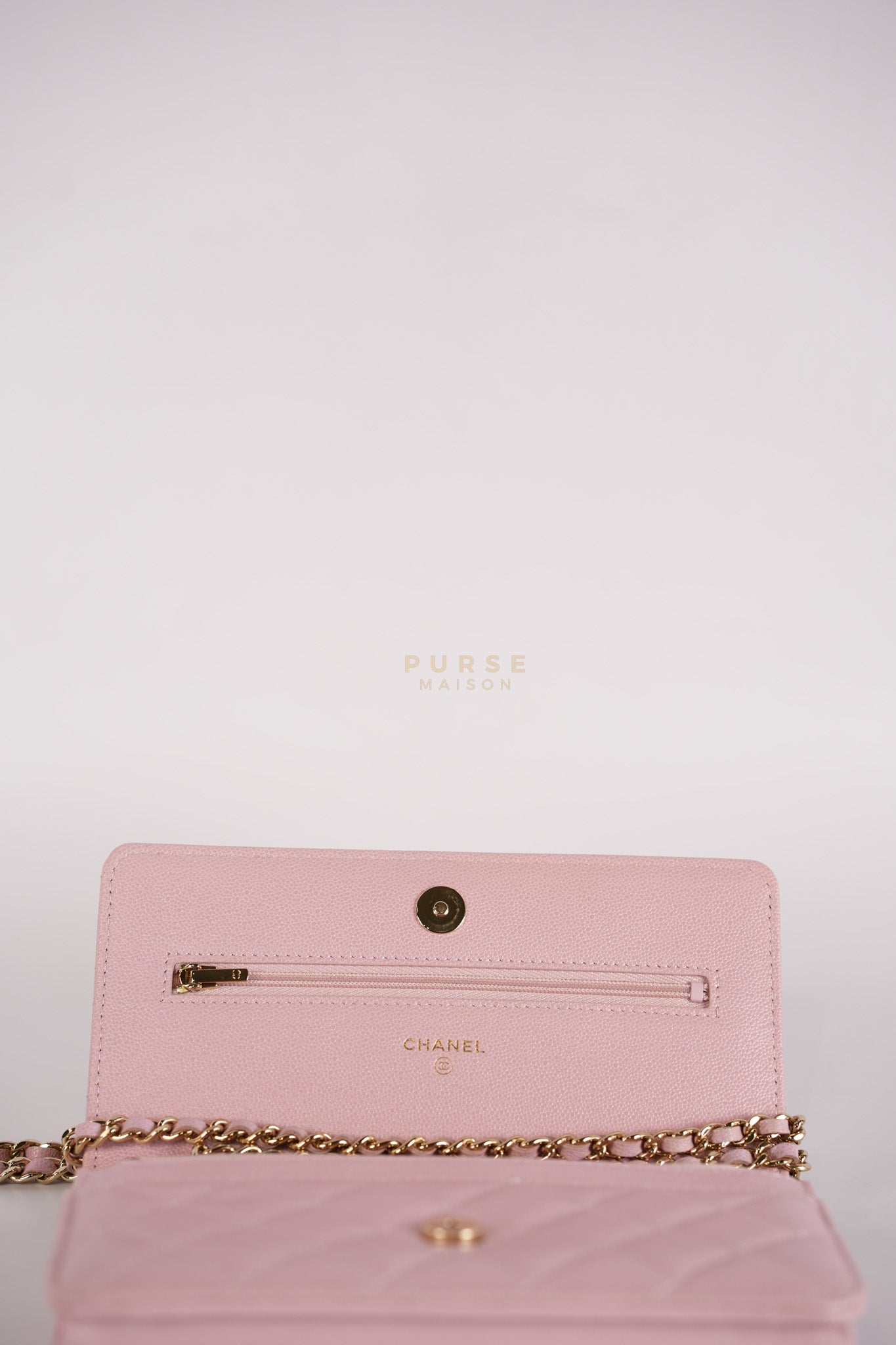 22B Golden CC Wallet on Chain in Pink Caviar Leather and Light Gold Hardware (Microchip) | Purse Maison Luxury Bags Shop