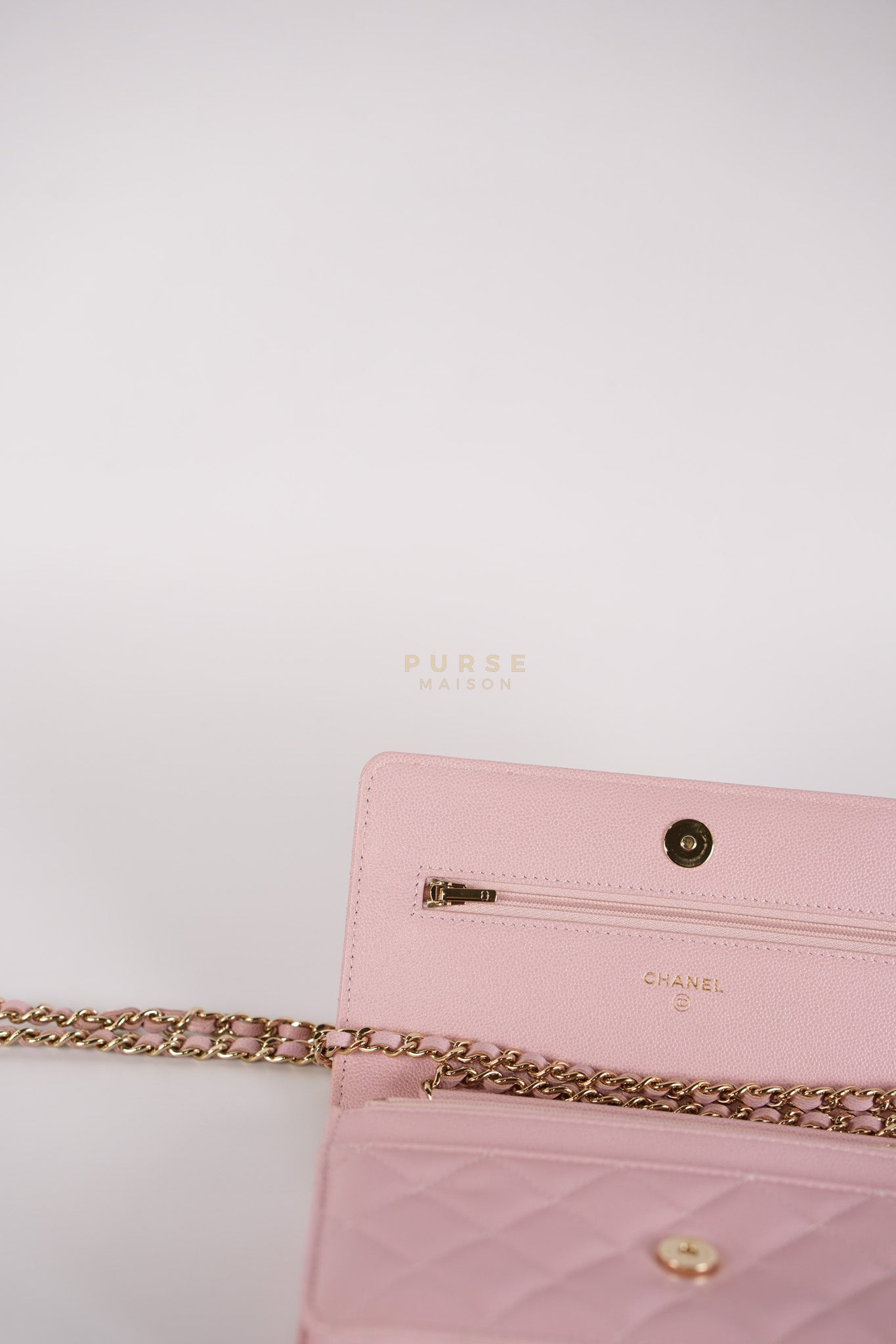 22B Golden CC Wallet on Chain in Pink Caviar Leather and Light Gold Hardware (Microchip) | Purse Maison Luxury Bags Shop