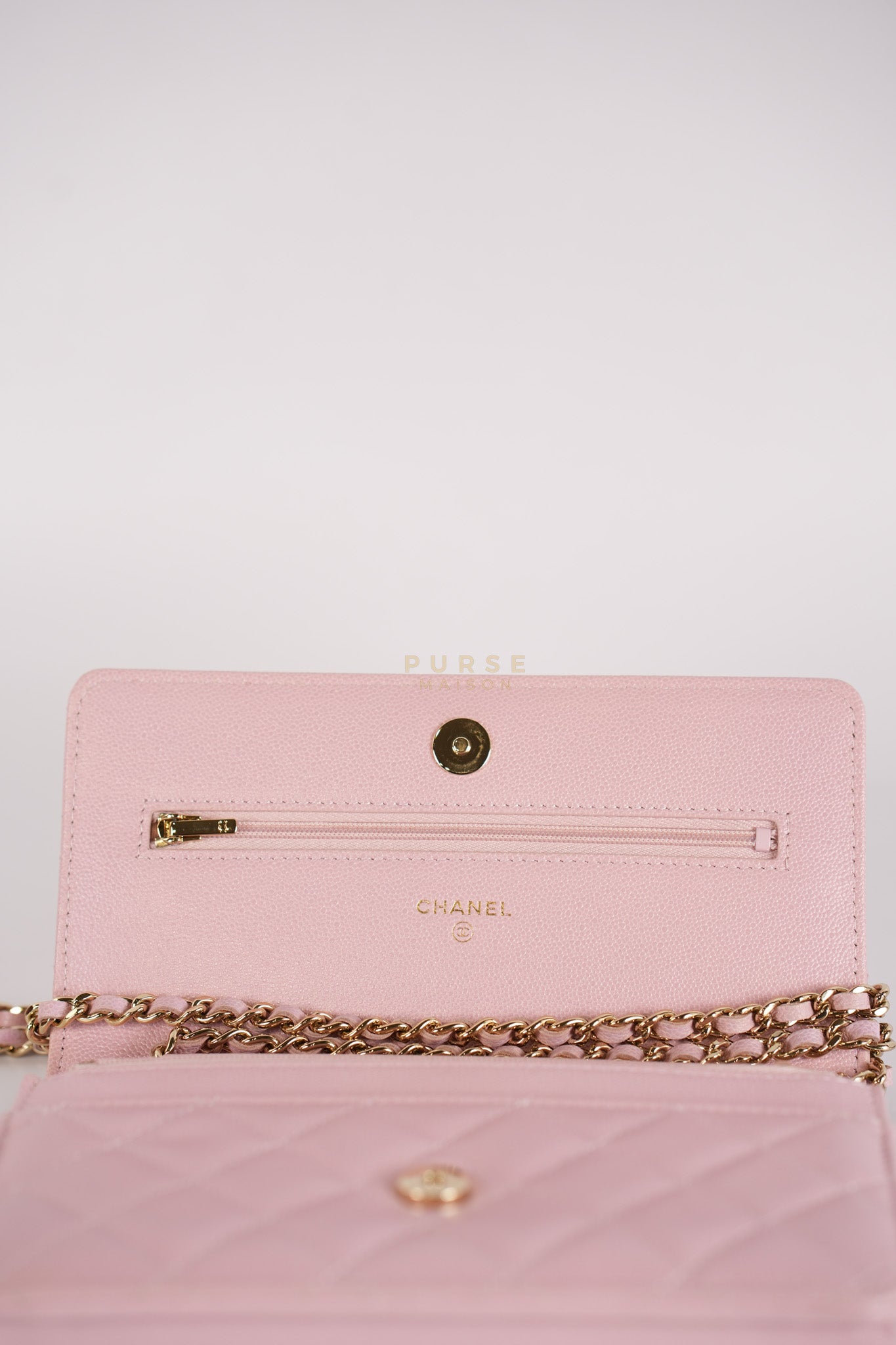 22B Golden CC Wallet on Chain in Pink Caviar Leather and Light Gold Hardware (Microchip) | Purse Maison Luxury Bags Shop