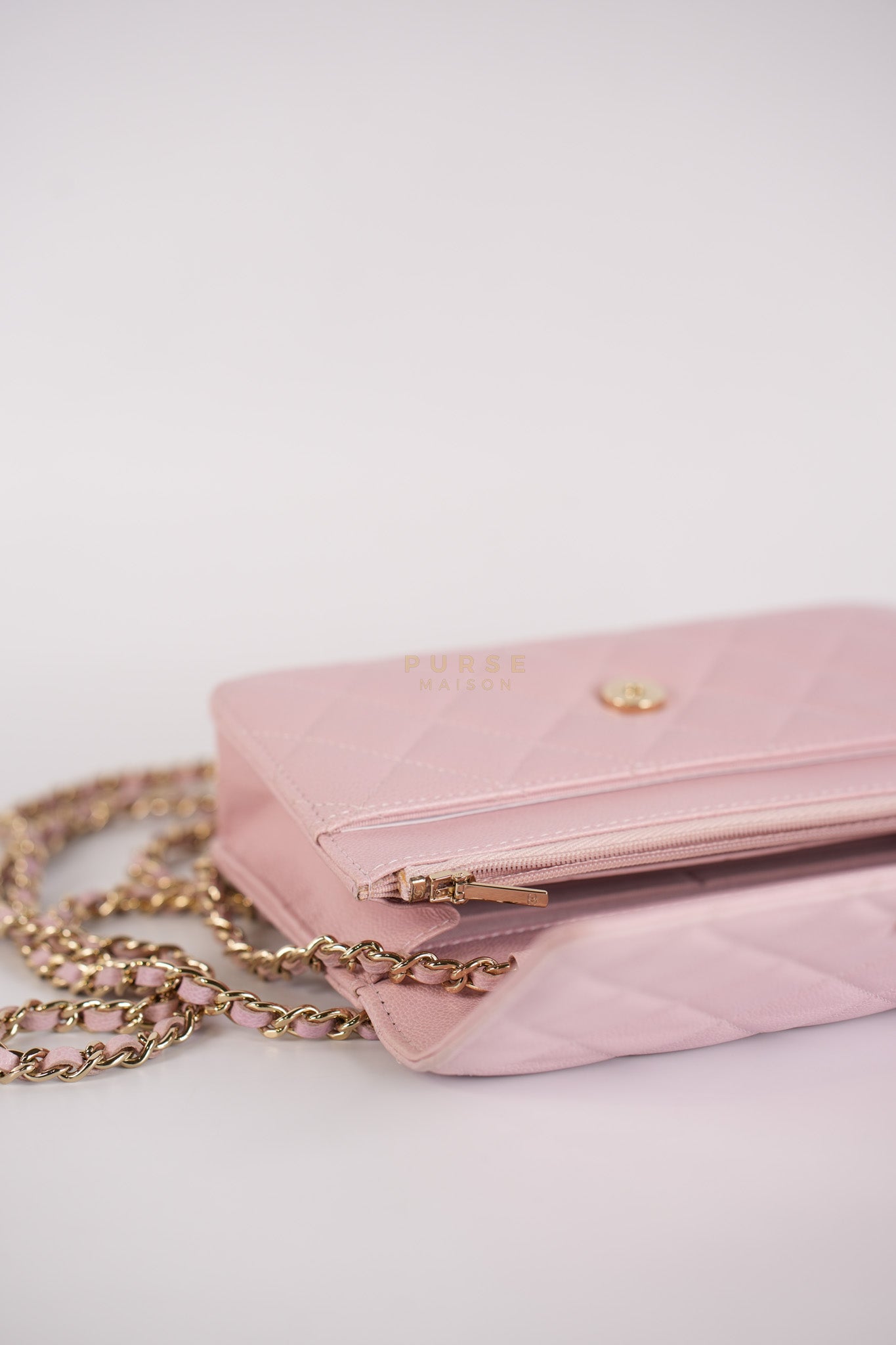 22B Golden CC Wallet on Chain in Pink Caviar Leather and Light Gold Hardware (Microchip) | Purse Maison Luxury Bags Shop