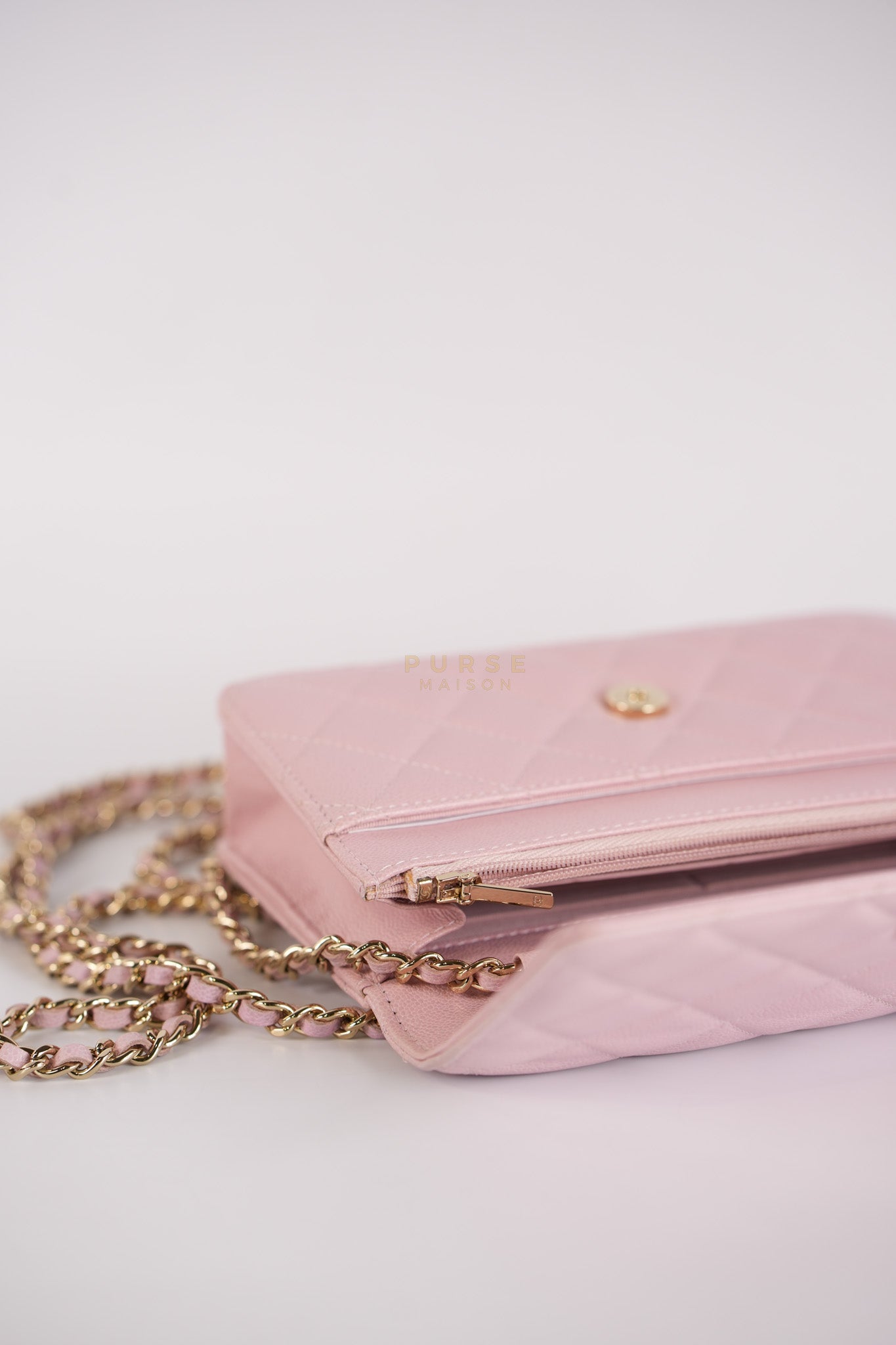 22B Golden CC Wallet on Chain in Pink Caviar Leather and Light Gold Hardware (Microchip) | Purse Maison Luxury Bags Shop