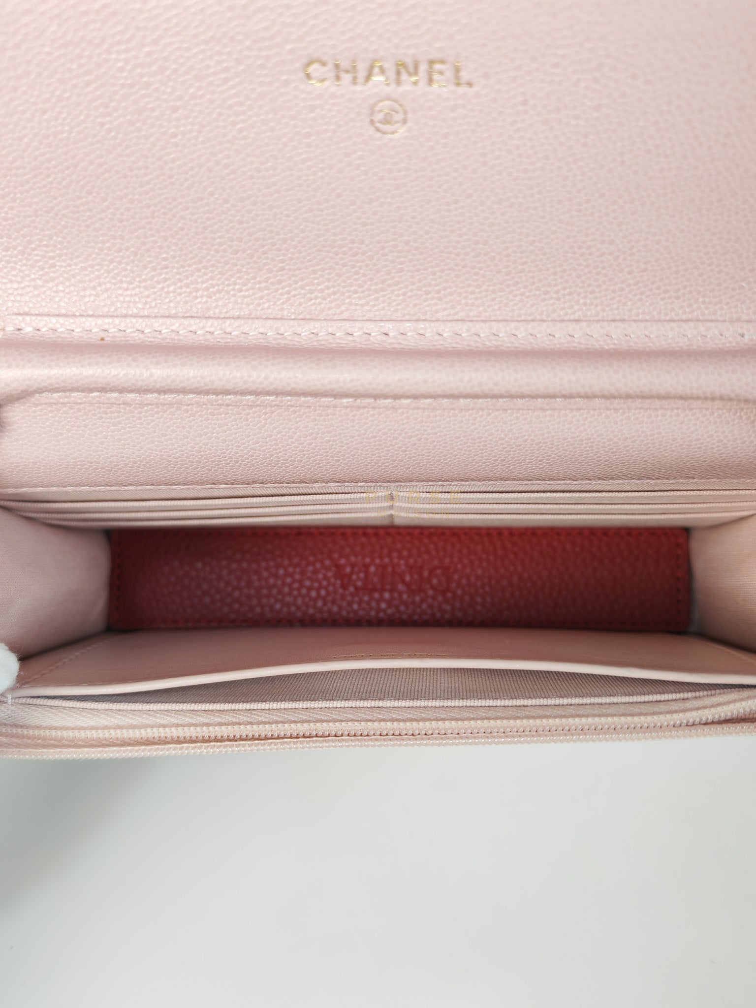 22B Golden CC Wallet on Chain in Pink Caviar Leather and Light Gold Hardware (Microchip) | Purse Maison Luxury Bags Shop