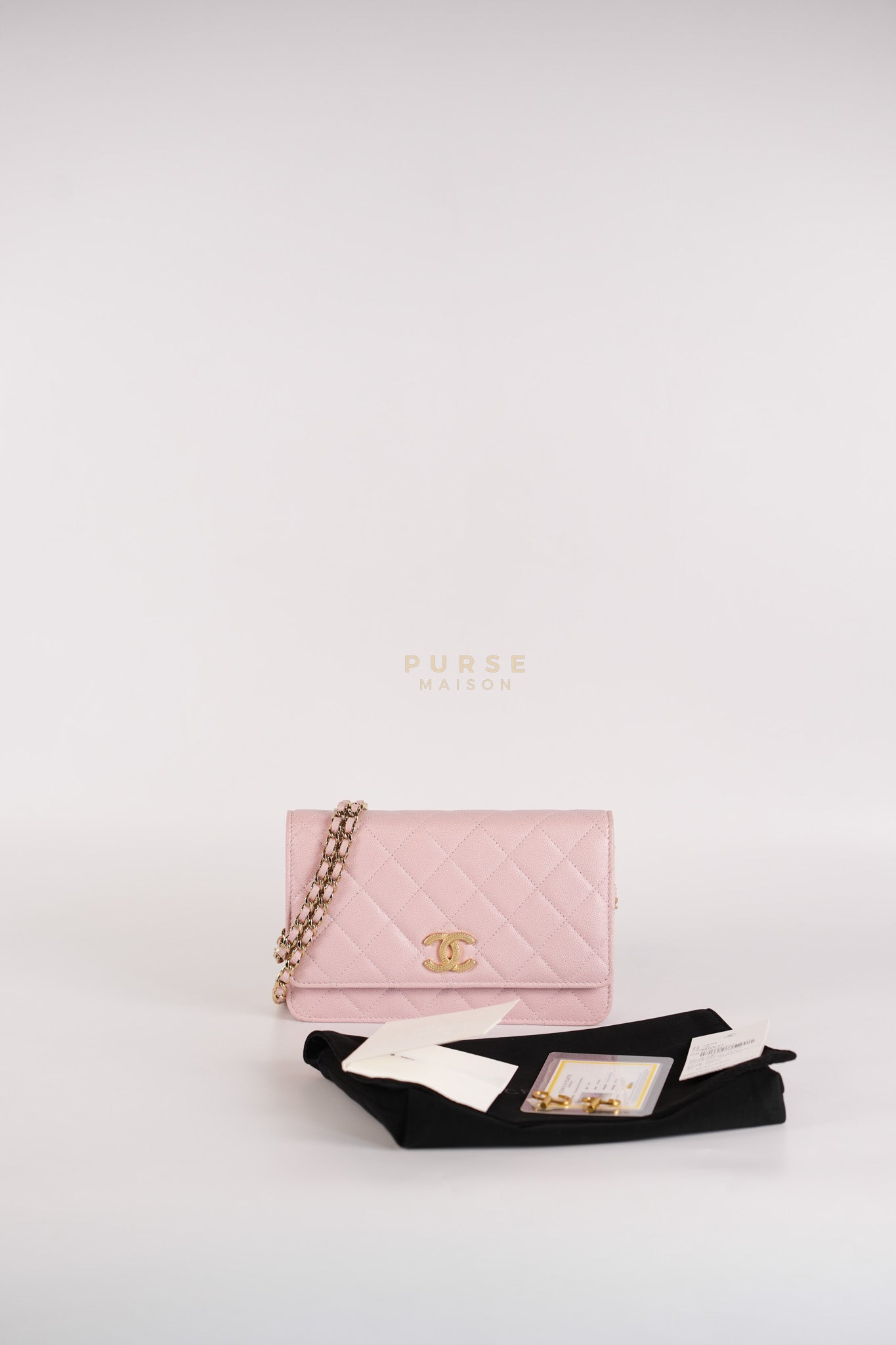 22B Golden CC Wallet on Chain in Pink Caviar Leather and Light Gold Hardware (Microchip) | Purse Maison Luxury Bags Shop