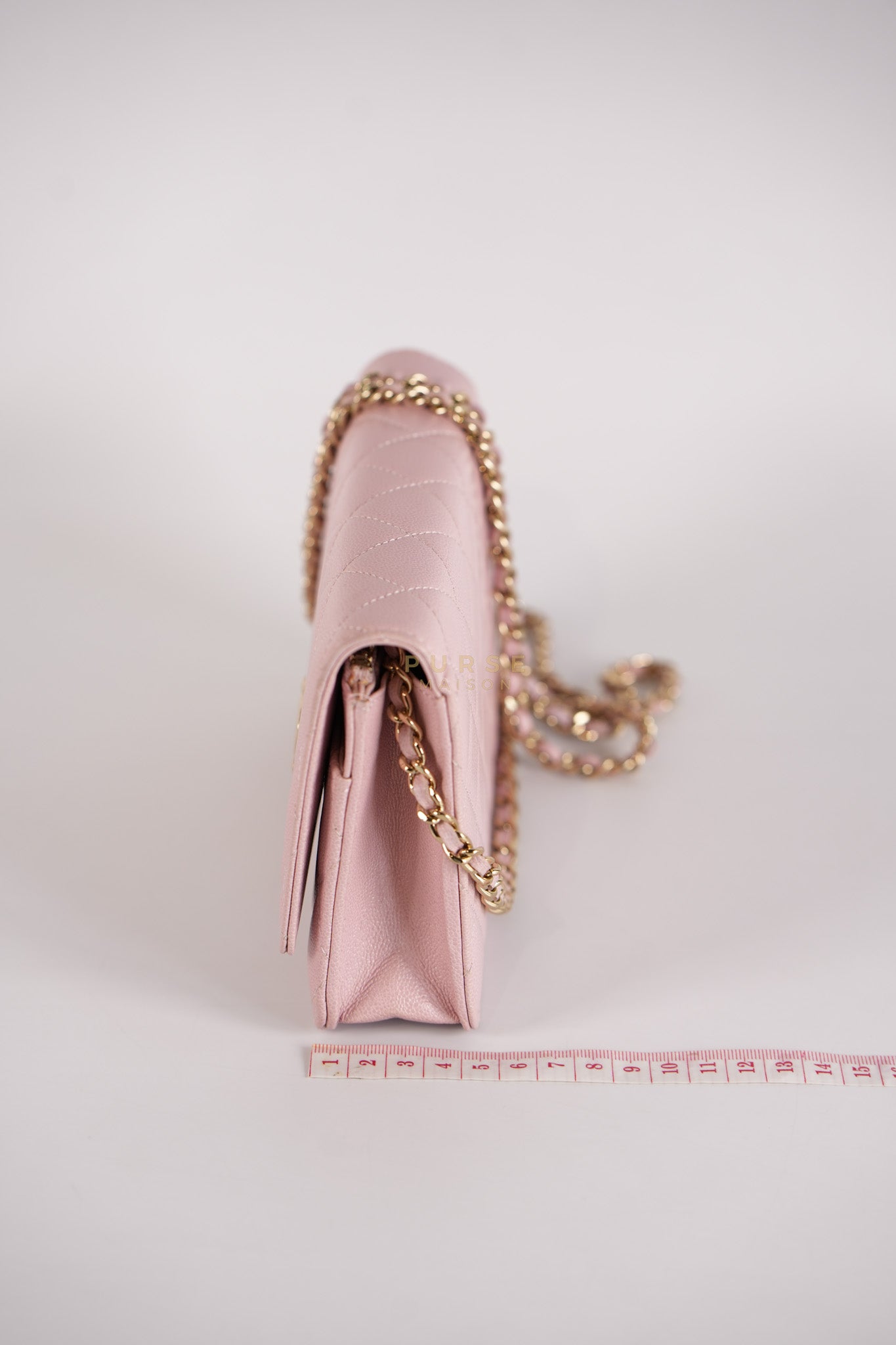 22B Golden CC Wallet on Chain in Pink Caviar Leather and Light Gold Hardware (Microchip) | Purse Maison Luxury Bags Shop