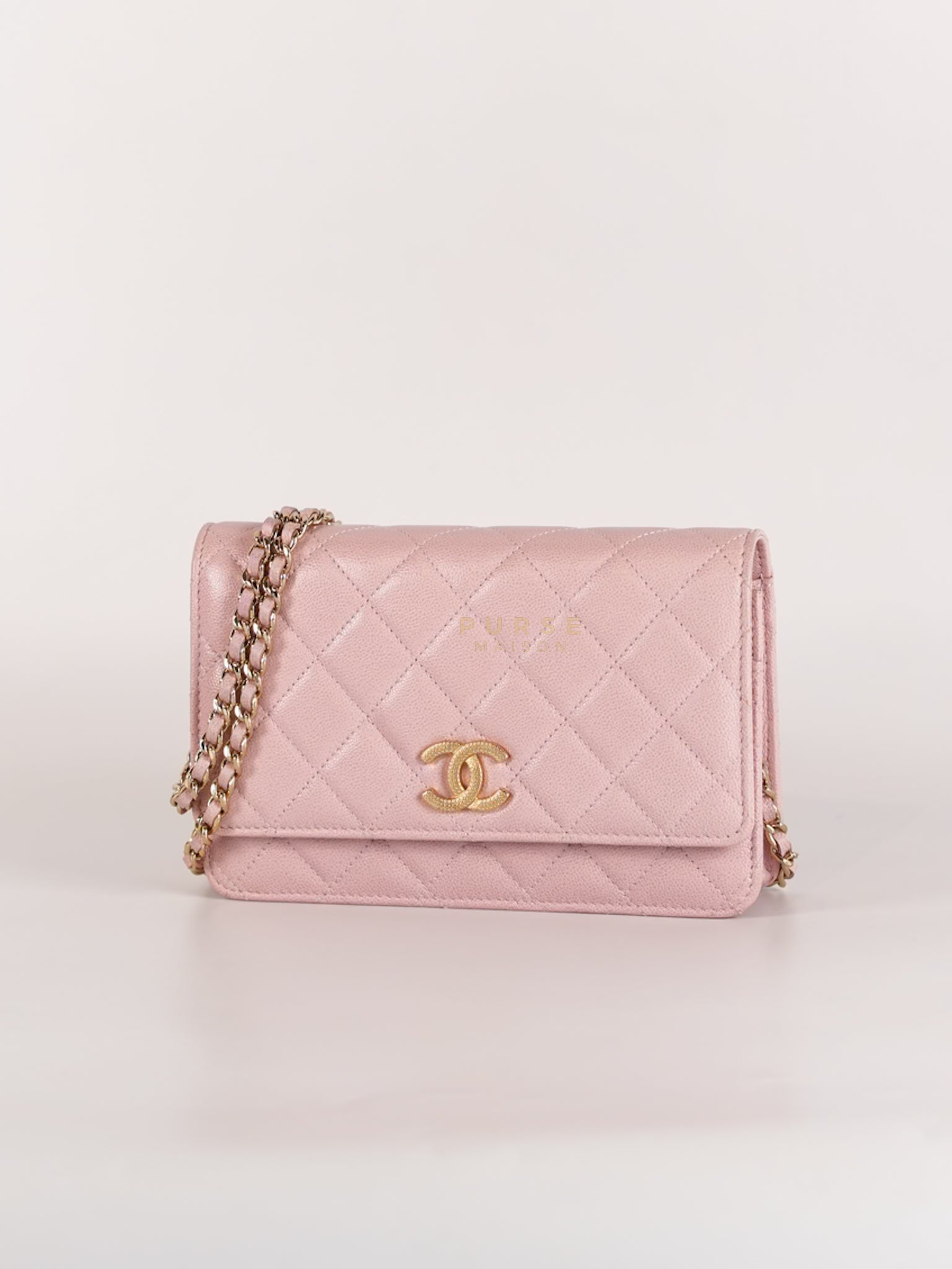 22B Golden CC Wallet on Chain in Pink Caviar Leather and Light Gold Hardware (Microchip) | Purse Maison Luxury Bags Shop