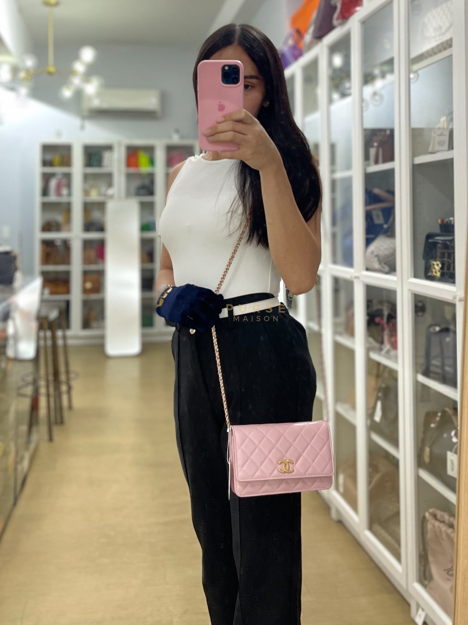 22B Golden CC Wallet on Chain in Pink Caviar Leather and Light Gold Hardware (Microchip) | Purse Maison Luxury Bags Shop