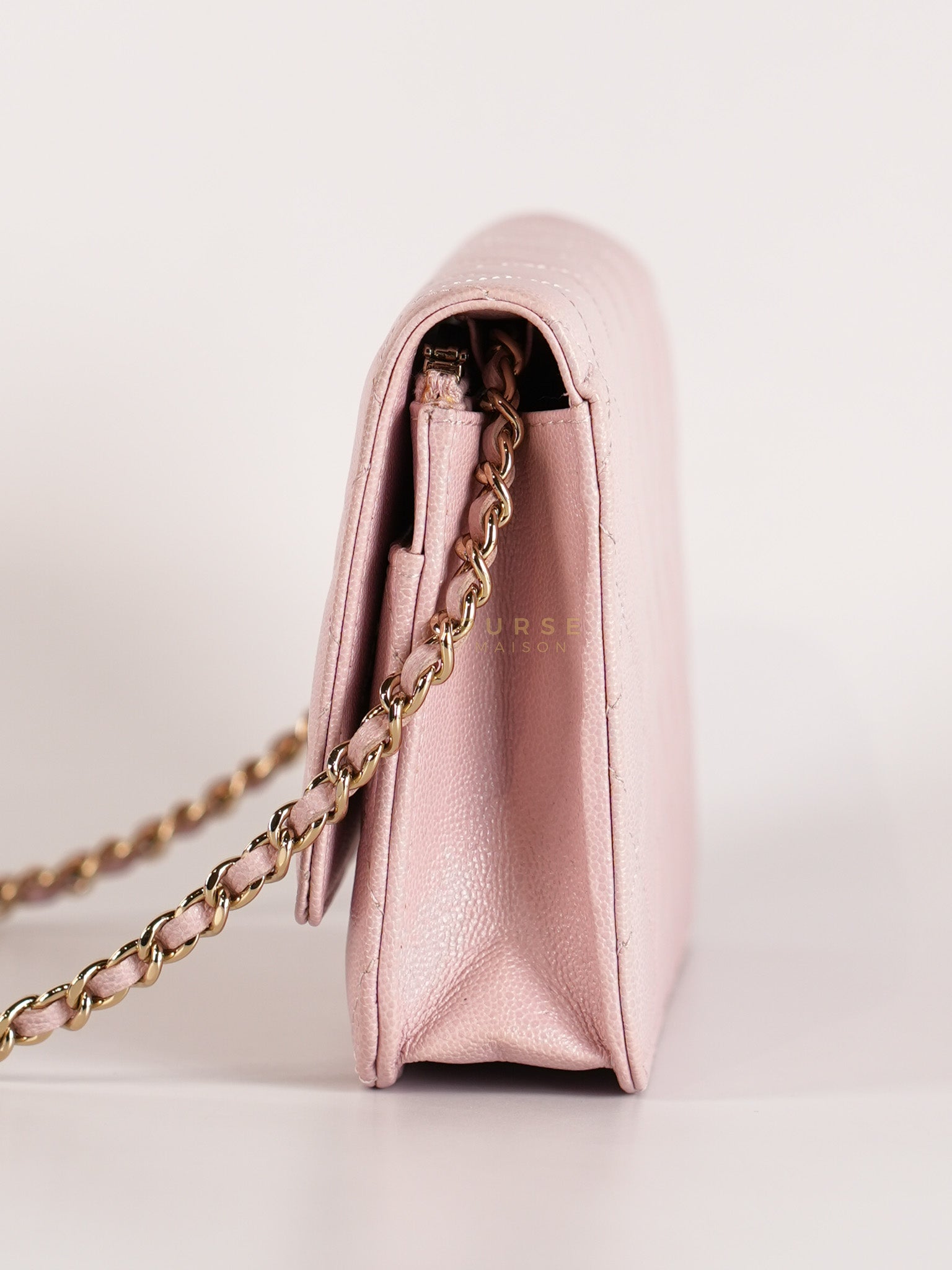 22B Golden CC Wallet on Chain in Pink Caviar Leather and Light Gold Hardware (Microchip) | Purse Maison Luxury Bags Shop