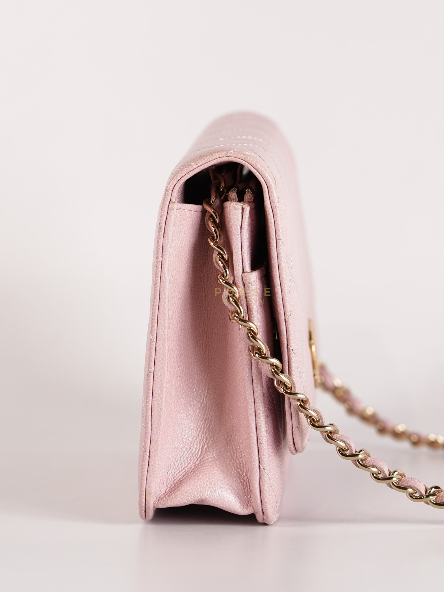 22B Golden CC Wallet on Chain in Pink Caviar Leather and Light Gold Hardware (Microchip) | Purse Maison Luxury Bags Shop
