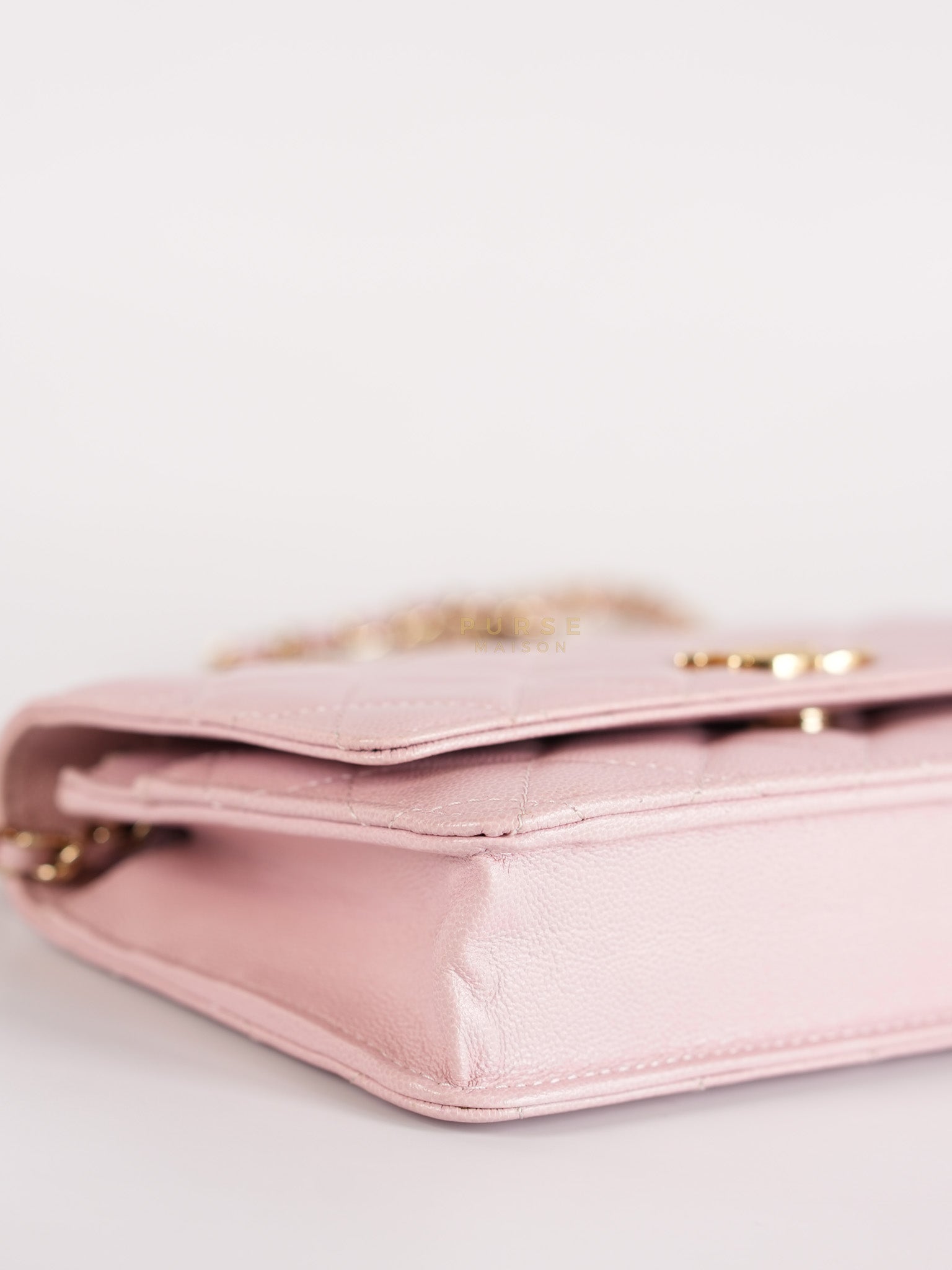 22B Golden CC Wallet on Chain in Pink Caviar Leather and Light Gold Hardware (Microchip) | Purse Maison Luxury Bags Shop