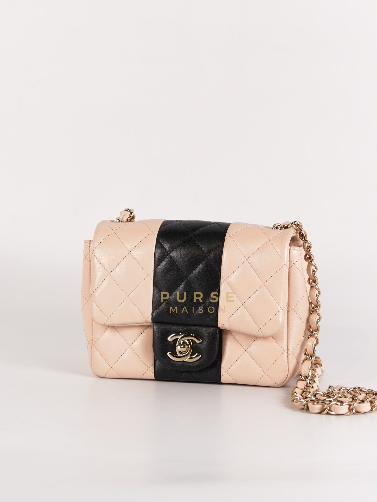 22C Mini Square in Light Beige & Black Lambskin Leather in Light Gold Hardware (Microchip) | Purse Maison Luxury Bags Shop