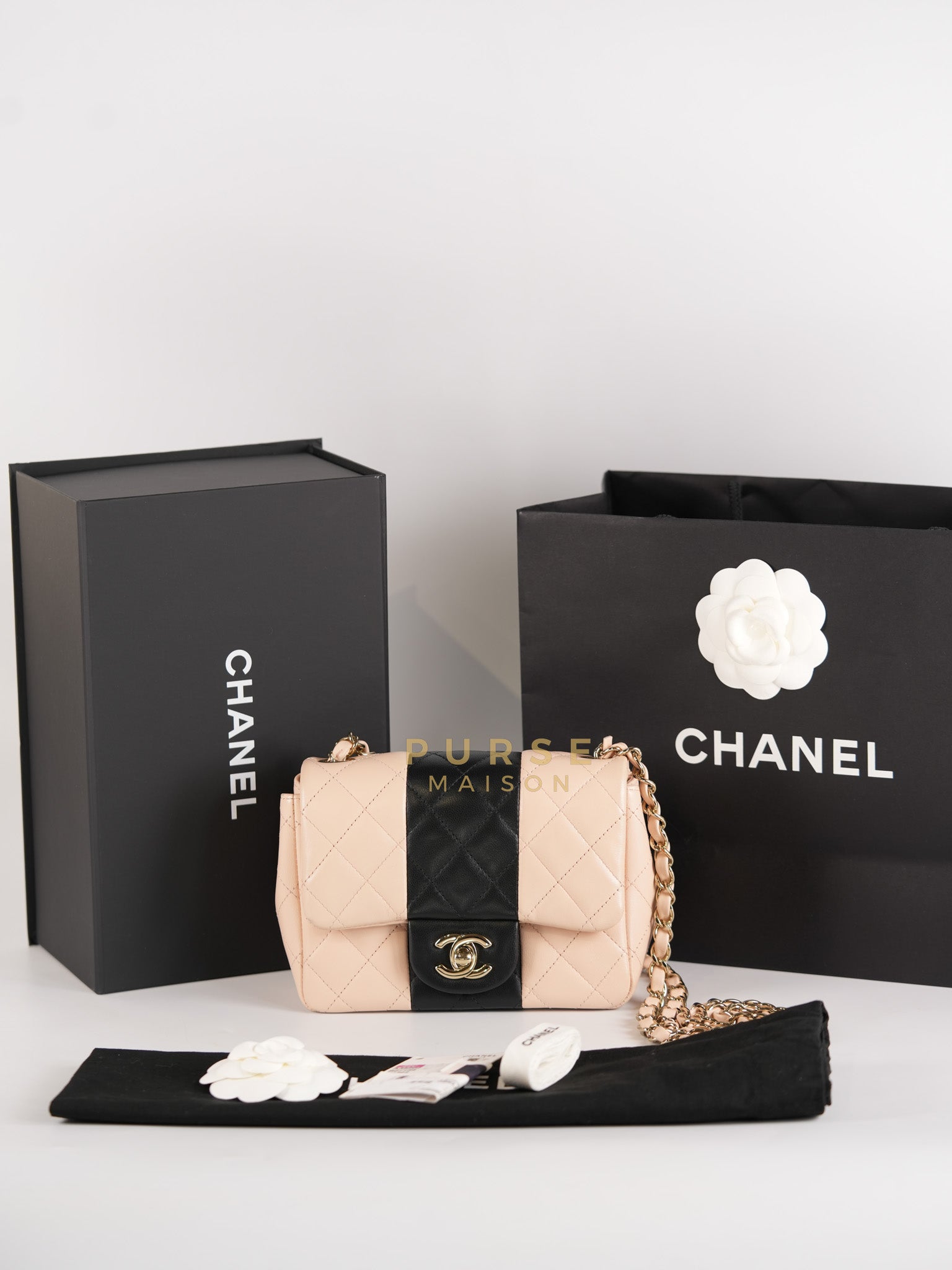 22C Mini Square in Light Beige & Black Lambskin Leather in Light Gold Hardware (Microchip) | Purse Maison Luxury Bags Shop