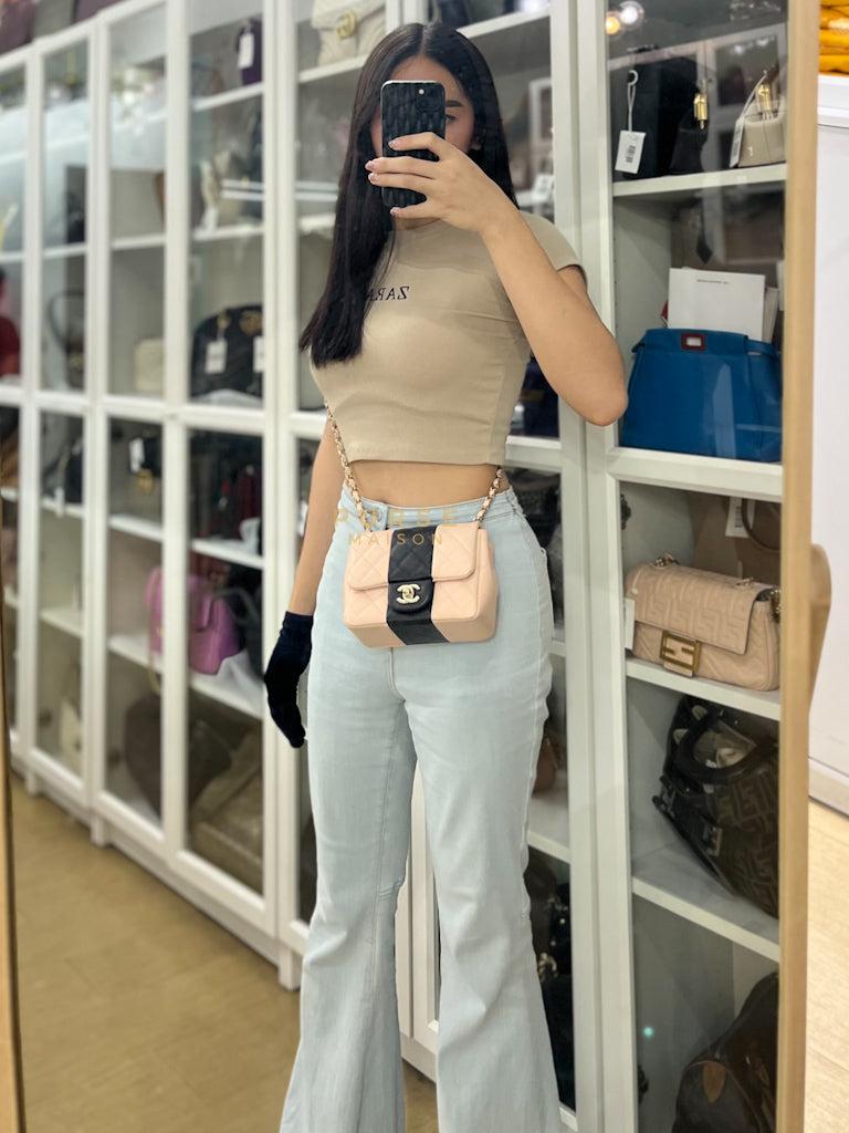 22C Mini Square in Light Beige & Black Lambskin Leather in Light Gold Hardware (Microchip) | Purse Maison Luxury Bags Shop