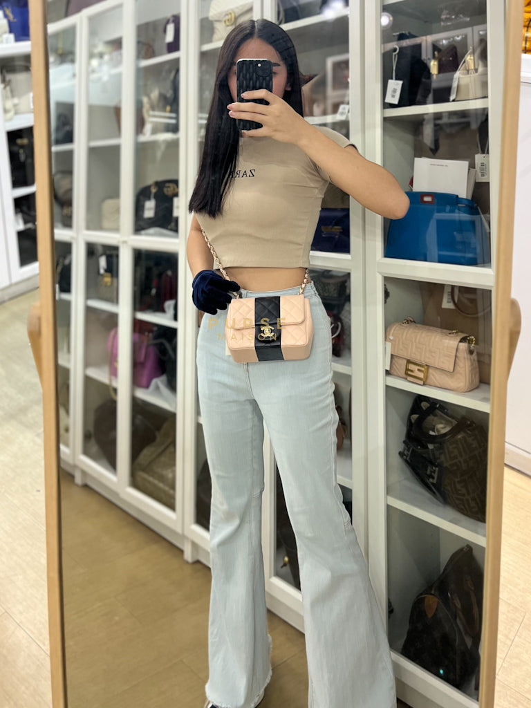 22C Mini Square in Light Beige & Black Lambskin Leather in Light Gold Hardware (Microchip) | Purse Maison Luxury Bags Shop