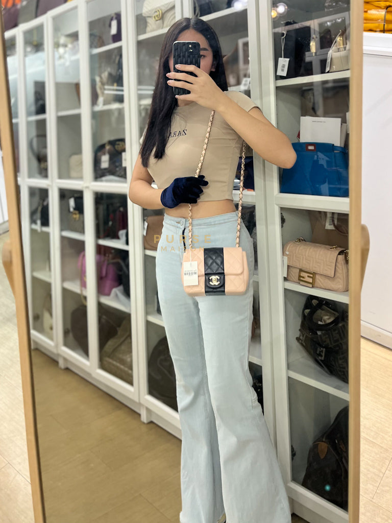 22C Mini Square in Light Beige & Black Lambskin Leather in Light Gold Hardware (Microchip) | Purse Maison Luxury Bags Shop