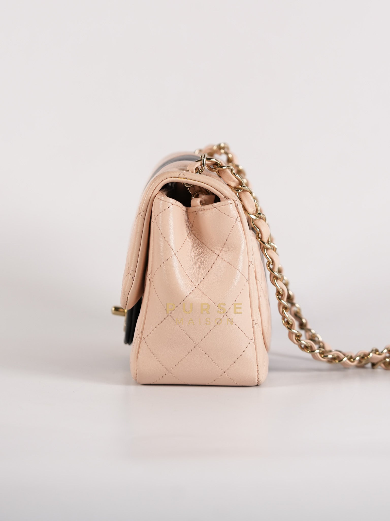 22C Mini Square in Light Beige & Black Lambskin Leather in Light Gold Hardware (Microchip) | Purse Maison Luxury Bags Shop