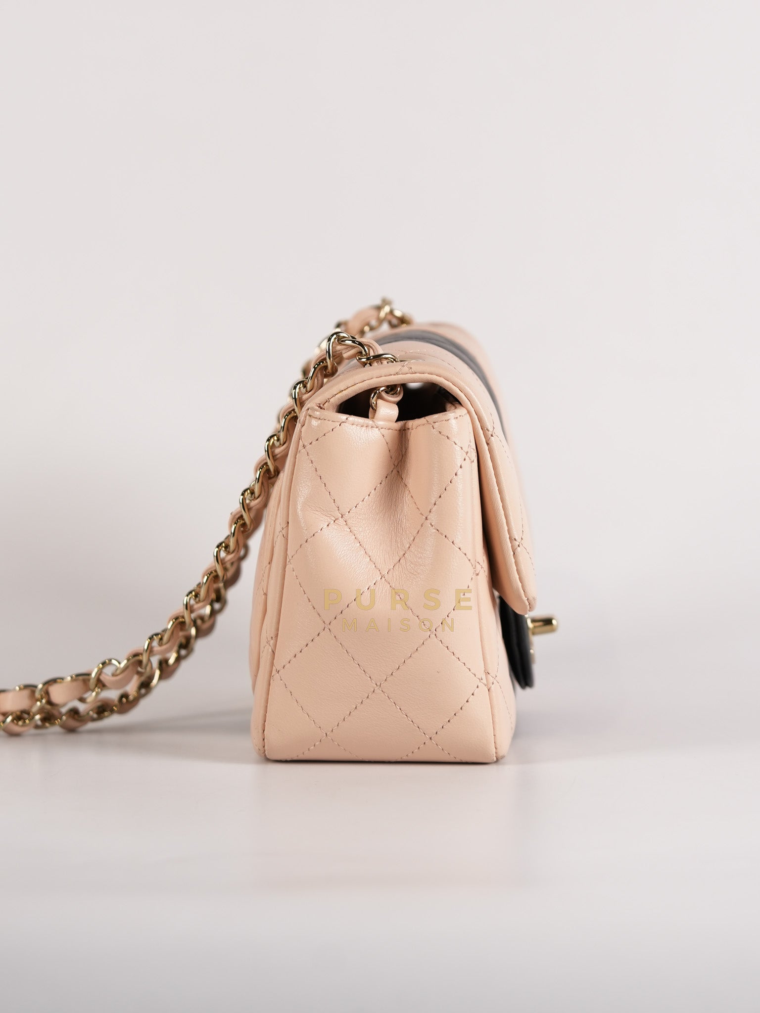 22C Mini Square in Light Beige & Black Lambskin Leather in Light Gold Hardware (Microchip) | Purse Maison Luxury Bags Shop