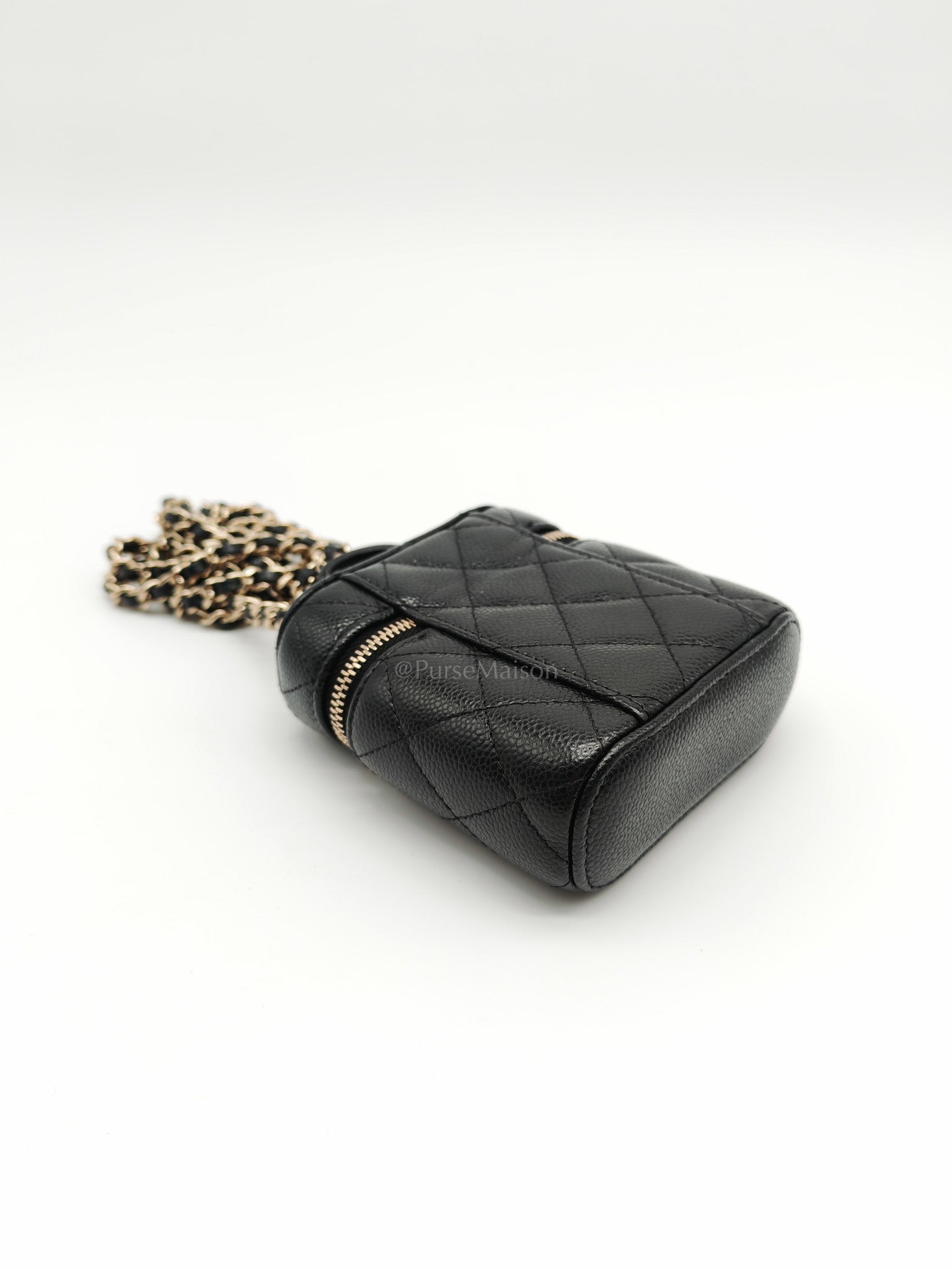 22C Vanity Mini Case Top Handle in Black Quilted Caviar Leather and Light Gold Hardware Series 31 | Purse Maison Luxury Bags Shop