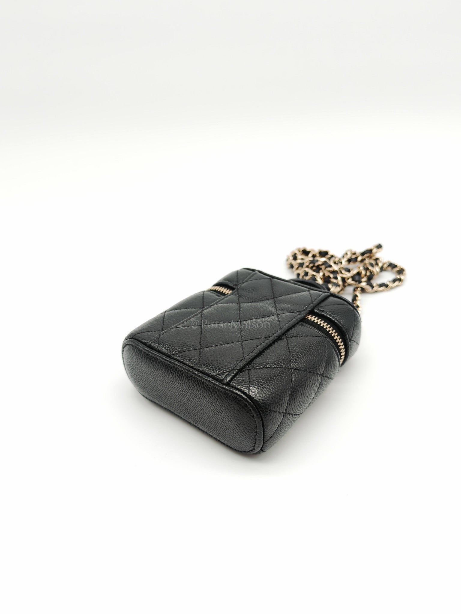 22C Vanity Mini Case Top Handle in Black Quilted Caviar Leather and Light Gold Hardware Series 31 | Purse Maison Luxury Bags Shop