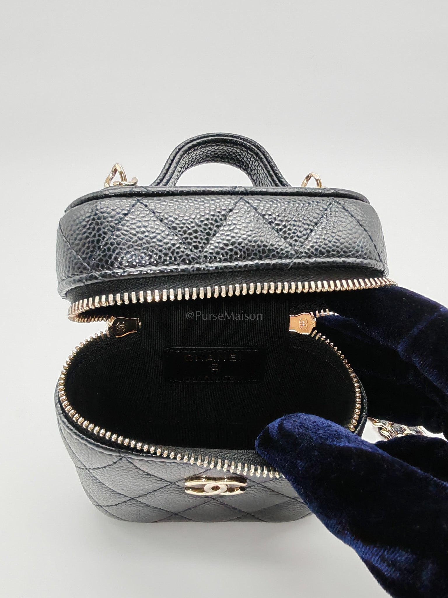 22C Vanity Mini Case Top Handle in Black Quilted Caviar Leather and Light Gold Hardware Series 31 | Purse Maison Luxury Bags Shop