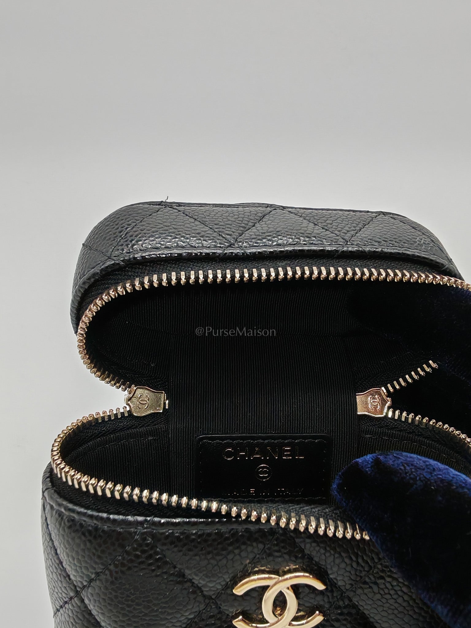 22C Vanity Mini Case Top Handle in Black Quilted Caviar Leather and Light Gold Hardware Series 31 | Purse Maison Luxury Bags Shop