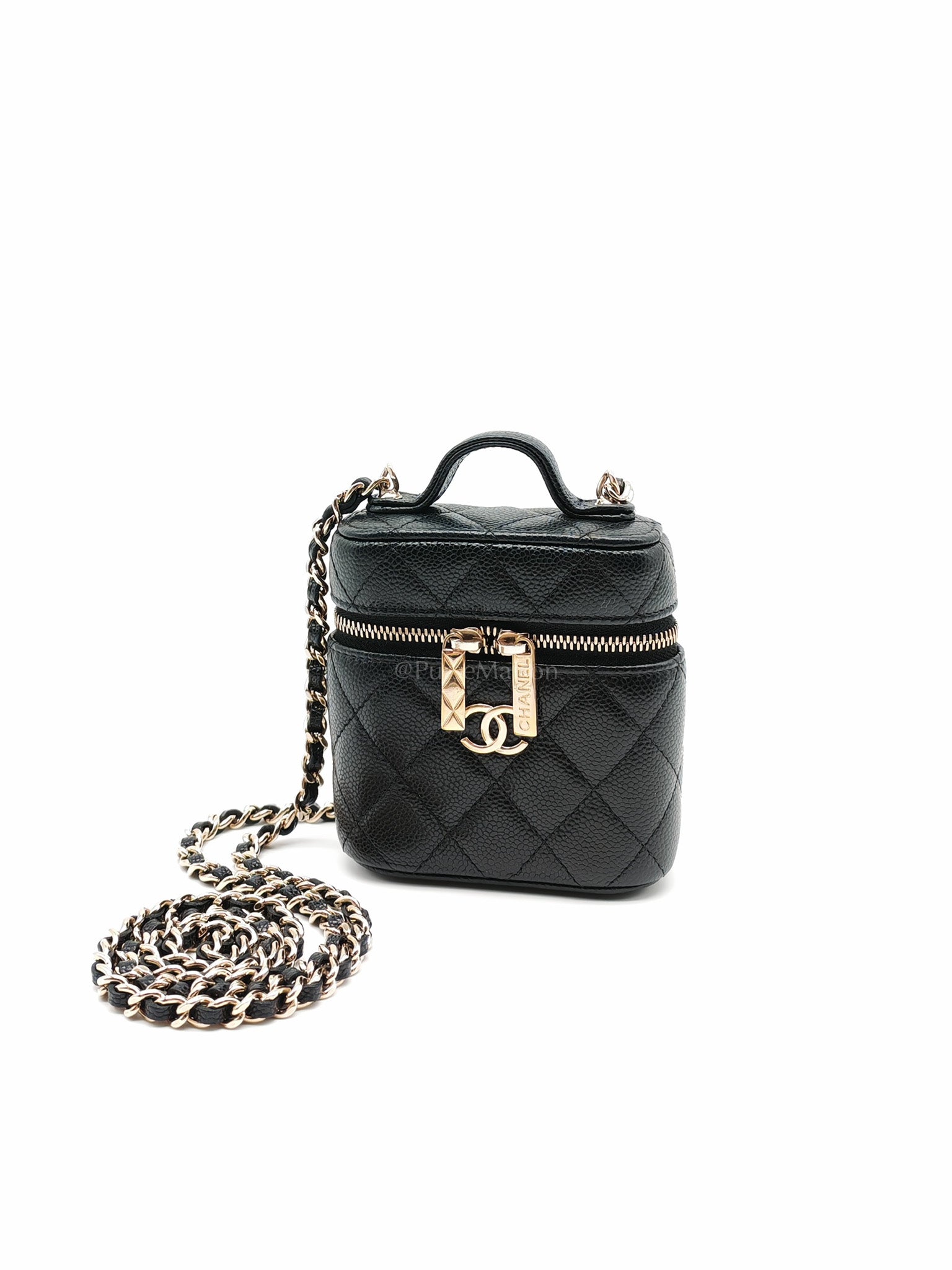 22C Vanity Mini Case Top Handle in Black Quilted Caviar Leather and Light Gold Hardware Series 31 | Purse Maison Luxury Bags Shop