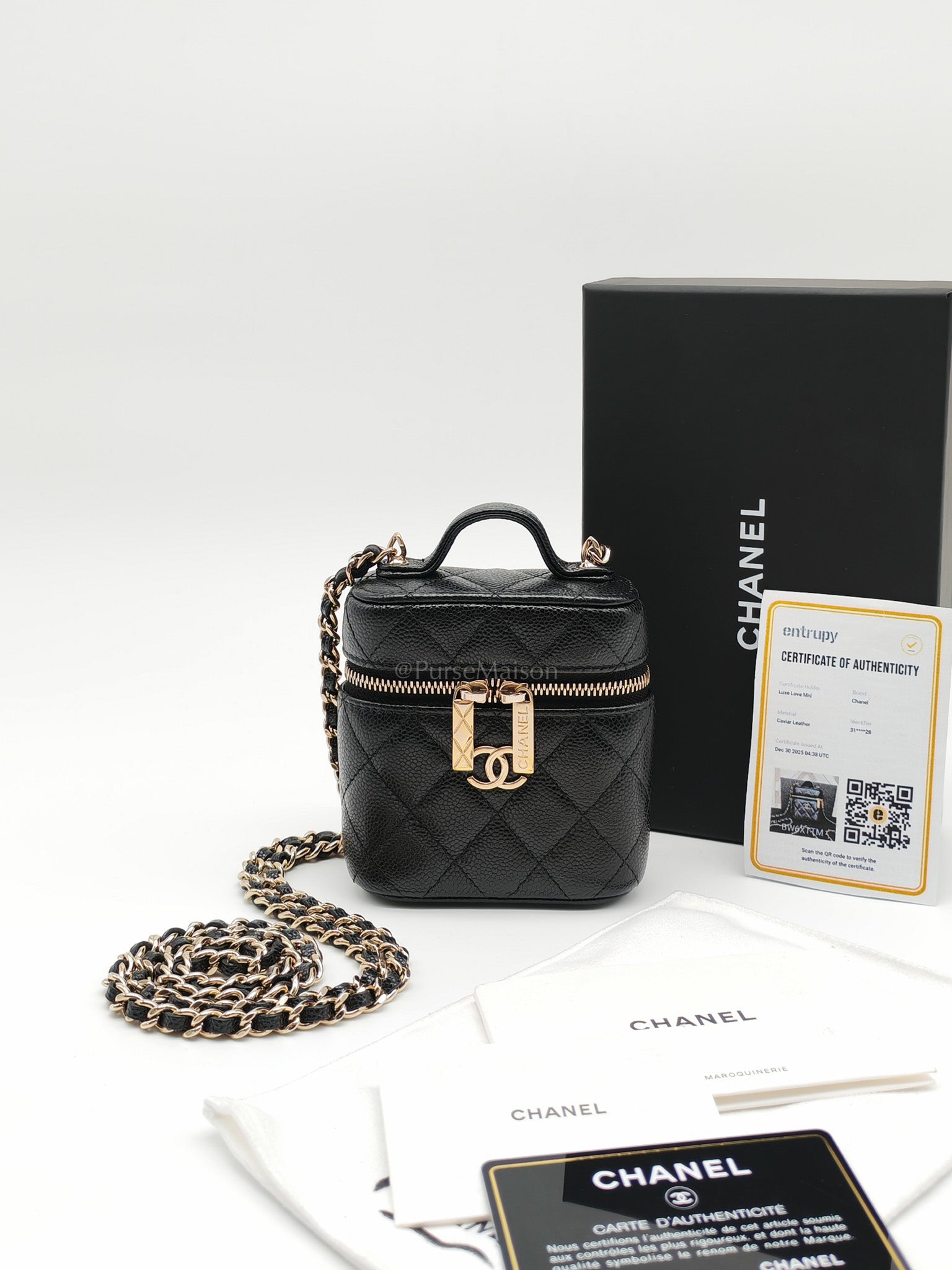 22C Vanity Mini Case Top Handle in Black Quilted Caviar Leather and Light Gold Hardware Series 31 | Purse Maison Luxury Bags Shop