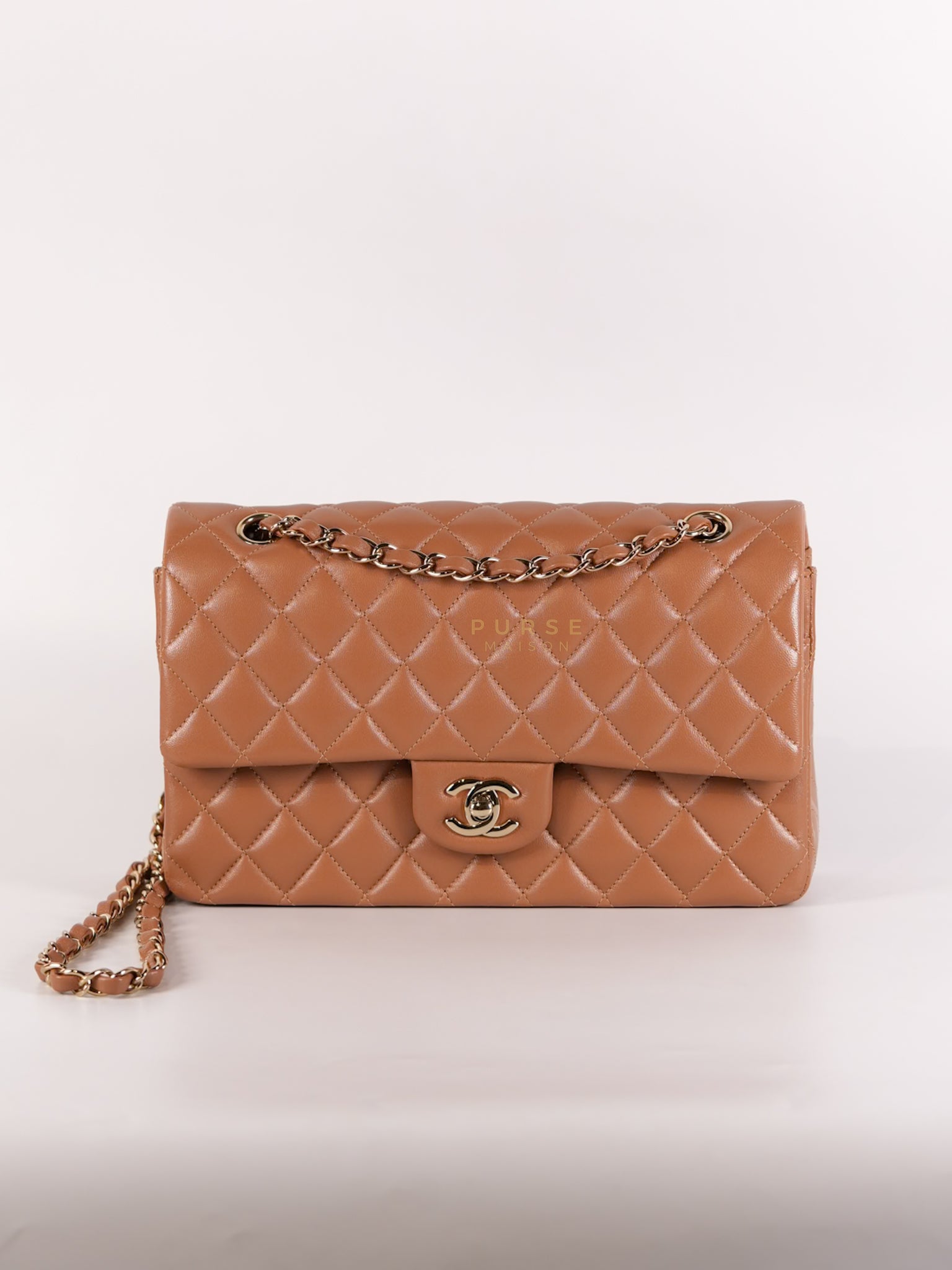 22S Classic Double Flap Medium in Caramel Lambskin Leather and Light Gold Hardware (Microchip) | Purse Maison Luxury Bags Shop