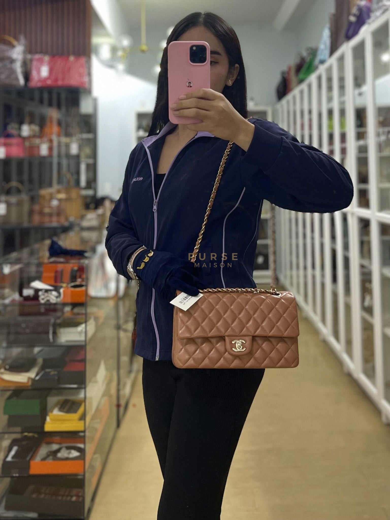 22S Classic Double Flap Medium in Caramel Lambskin Leather and Light Gold Hardware (Microchip) | Purse Maison Luxury Bags Shop