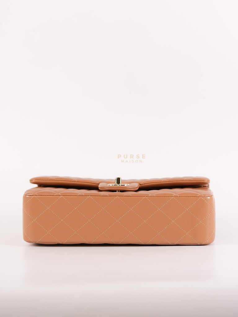 22S Classic Double Flap Medium in Caramel Lambskin Leather and Light Gold Hardware (Microchip) | Purse Maison Luxury Bags Shop