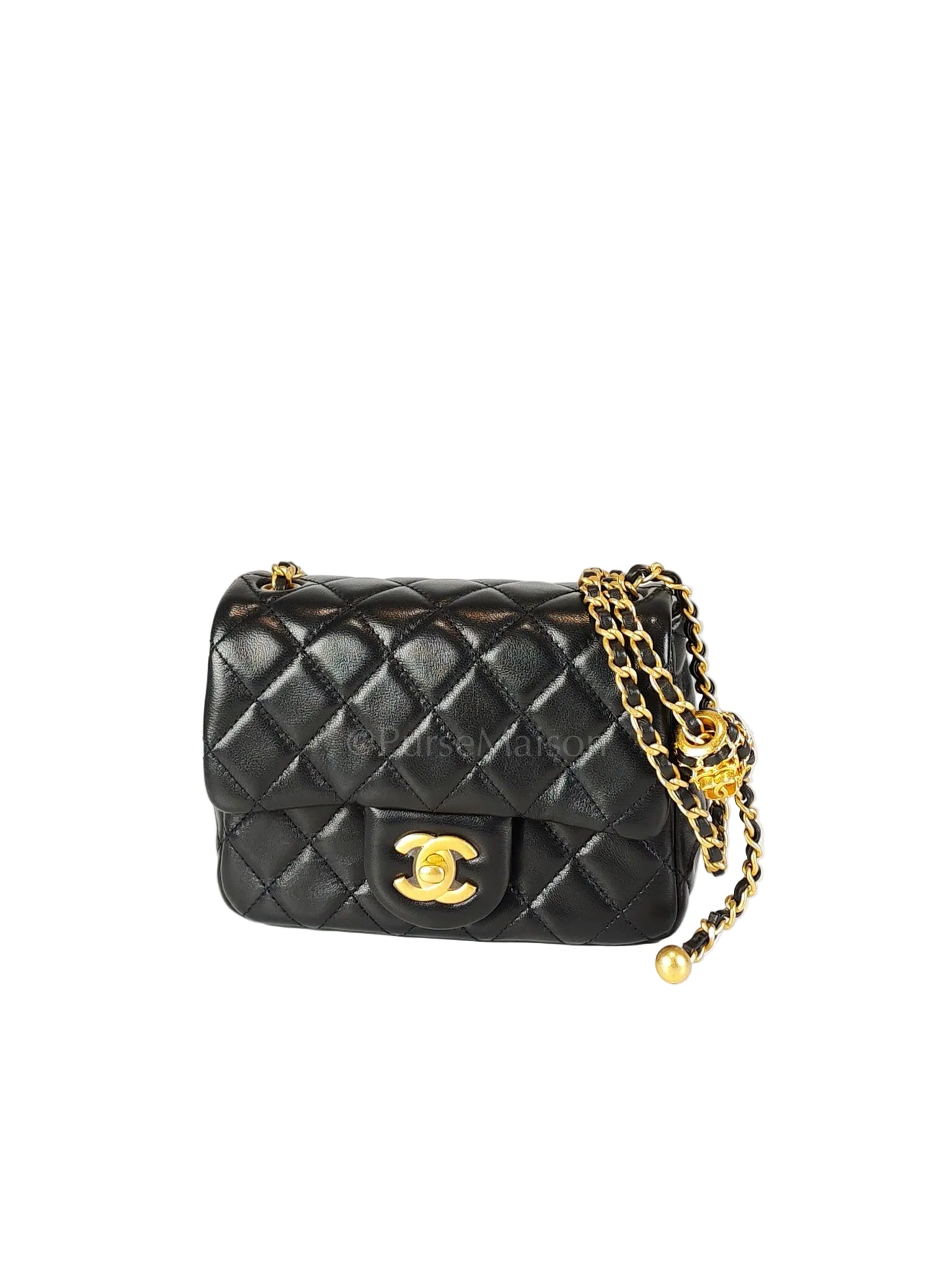 22S Mini Square Pearl Crush in Black Lambskin Leather and Aged Gold Harwadre (Microchip) | Purse Maison Luxury Bags Shop
