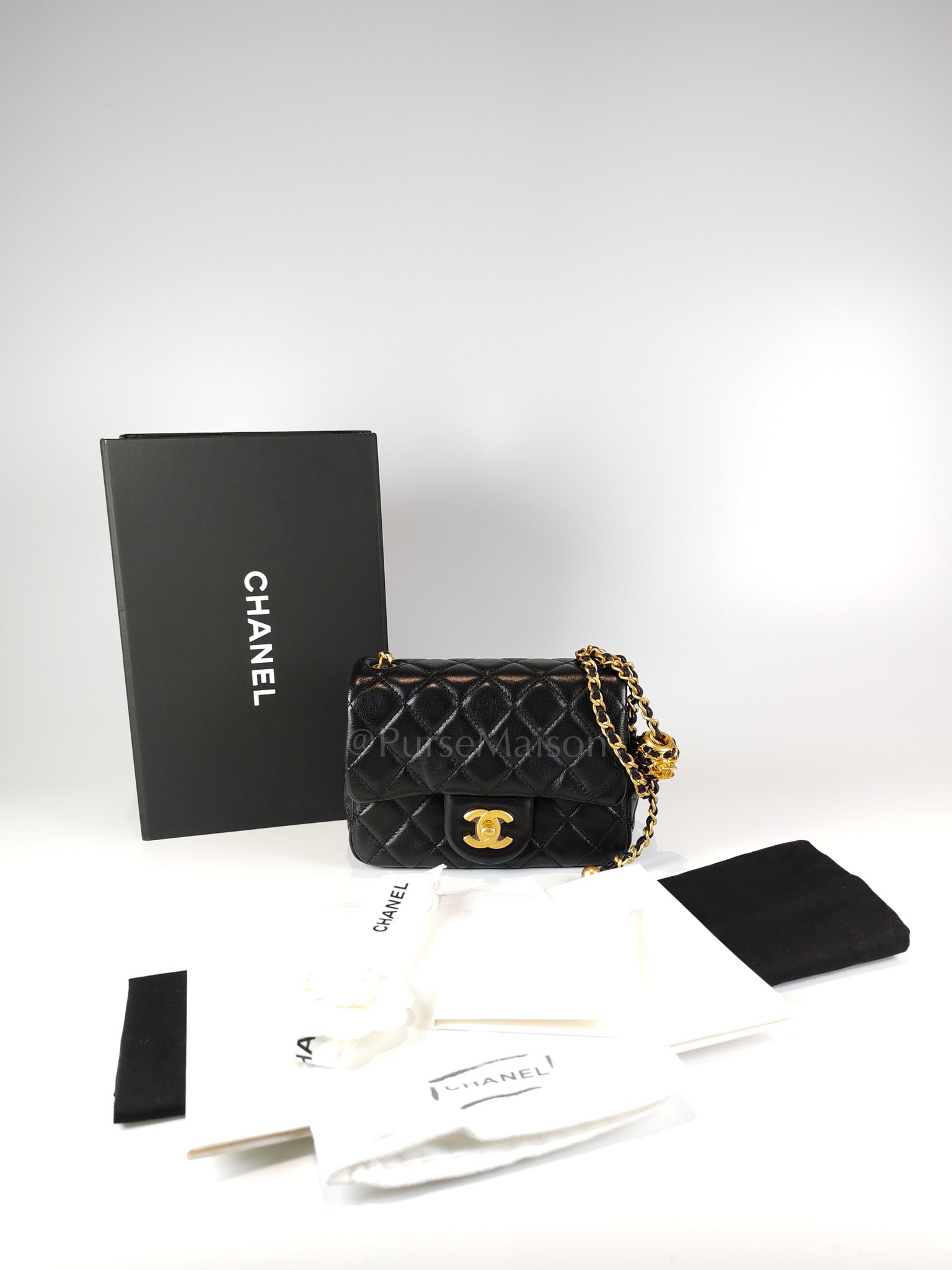 22S Mini Square Pearl Crush in Black Lambskin Leather and Aged Gold Harwadre (Microchip) | Purse Maison Luxury Bags Shop