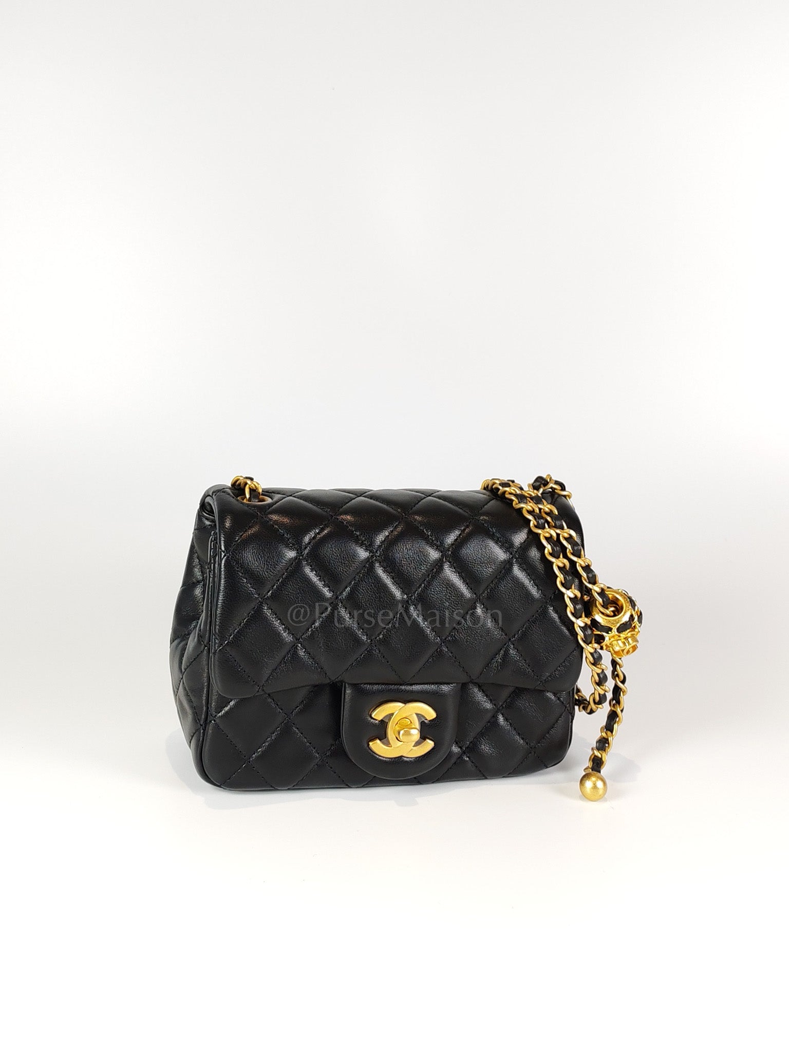 22S Mini Square Pearl Crush in Black Lambskin Leather and Aged Gold Harwadre (Microchip) | Purse Maison Luxury Bags Shop