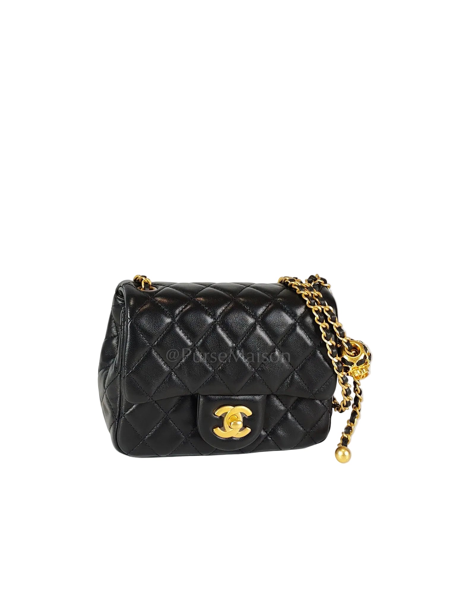 22S Mini Square Pearl Crush in Black Lambskin Leather and Aged Gold Harwadre (Microchip) | Purse Maison Luxury Bags Shop