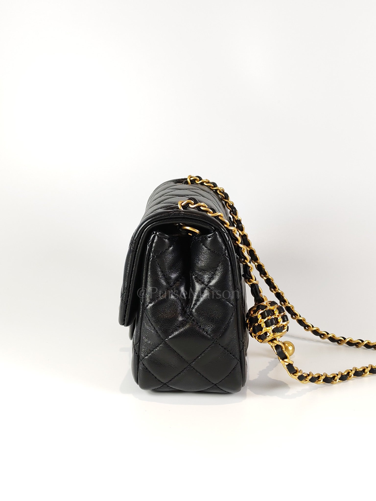 22S Mini Square Pearl Crush in Black Lambskin Leather and Aged Gold Harwadre (Microchip) | Purse Maison Luxury Bags Shop