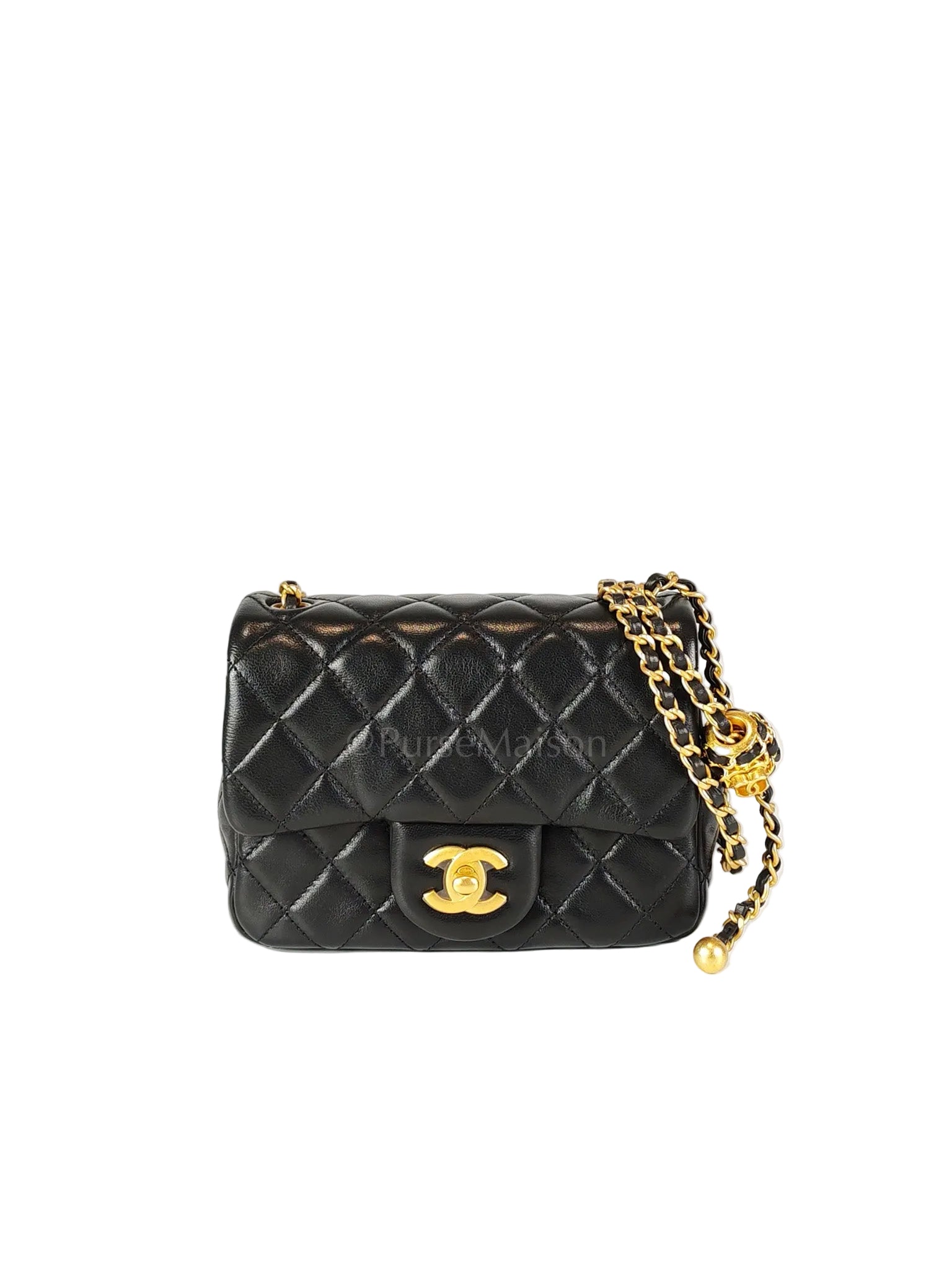 22S Mini Square Pearl Crush in Black Lambskin Leather and Aged Gold Harwadre (Microchip) | Purse Maison Luxury Bags Shop