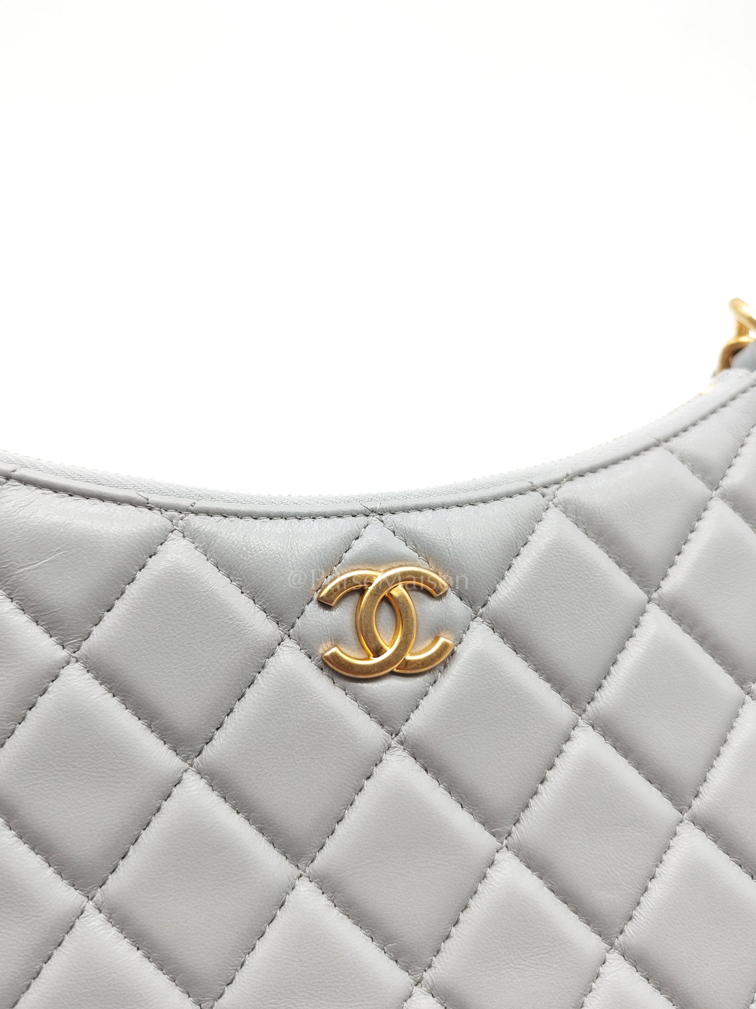 23B Hobo Bag Chain Edging in Gray Quilted Lambskin Leather and Aged Gold Hardware (Microchip) | Purse Maison Luxury Bags Shop