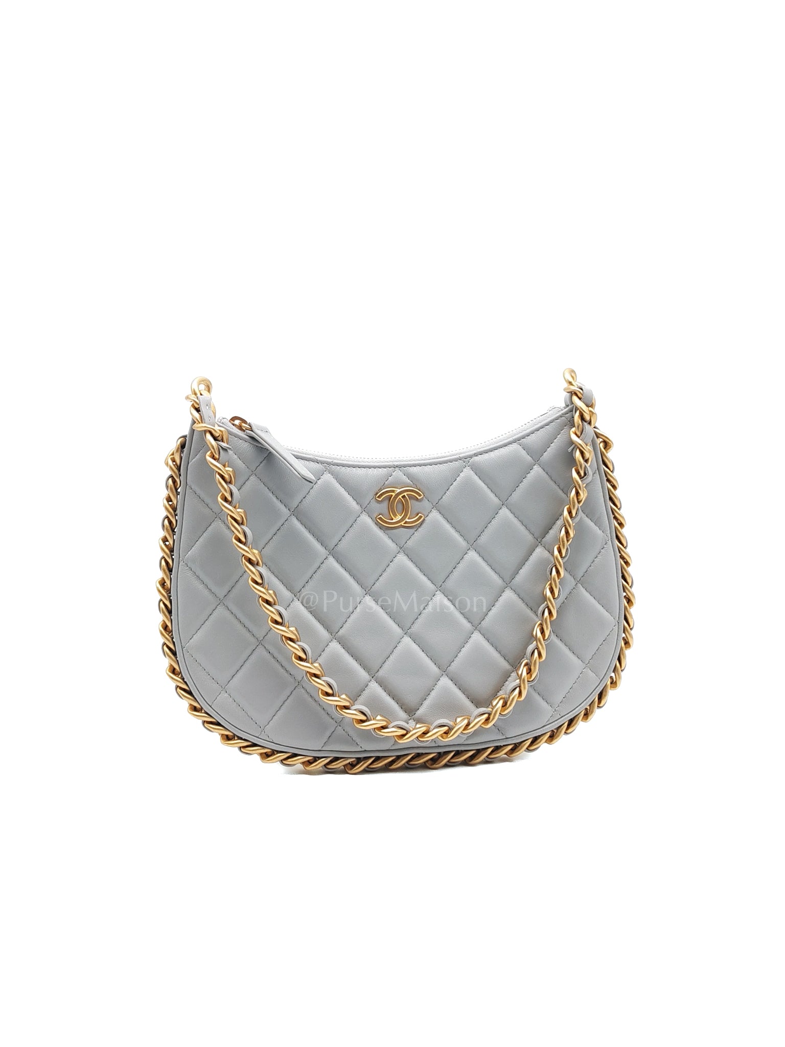 23B Hobo Bag Chain Edging in Gray Quilted Lambskin Leather and Aged Gold Hardware (Microchip) | Purse Maison Luxury Bags Shop
