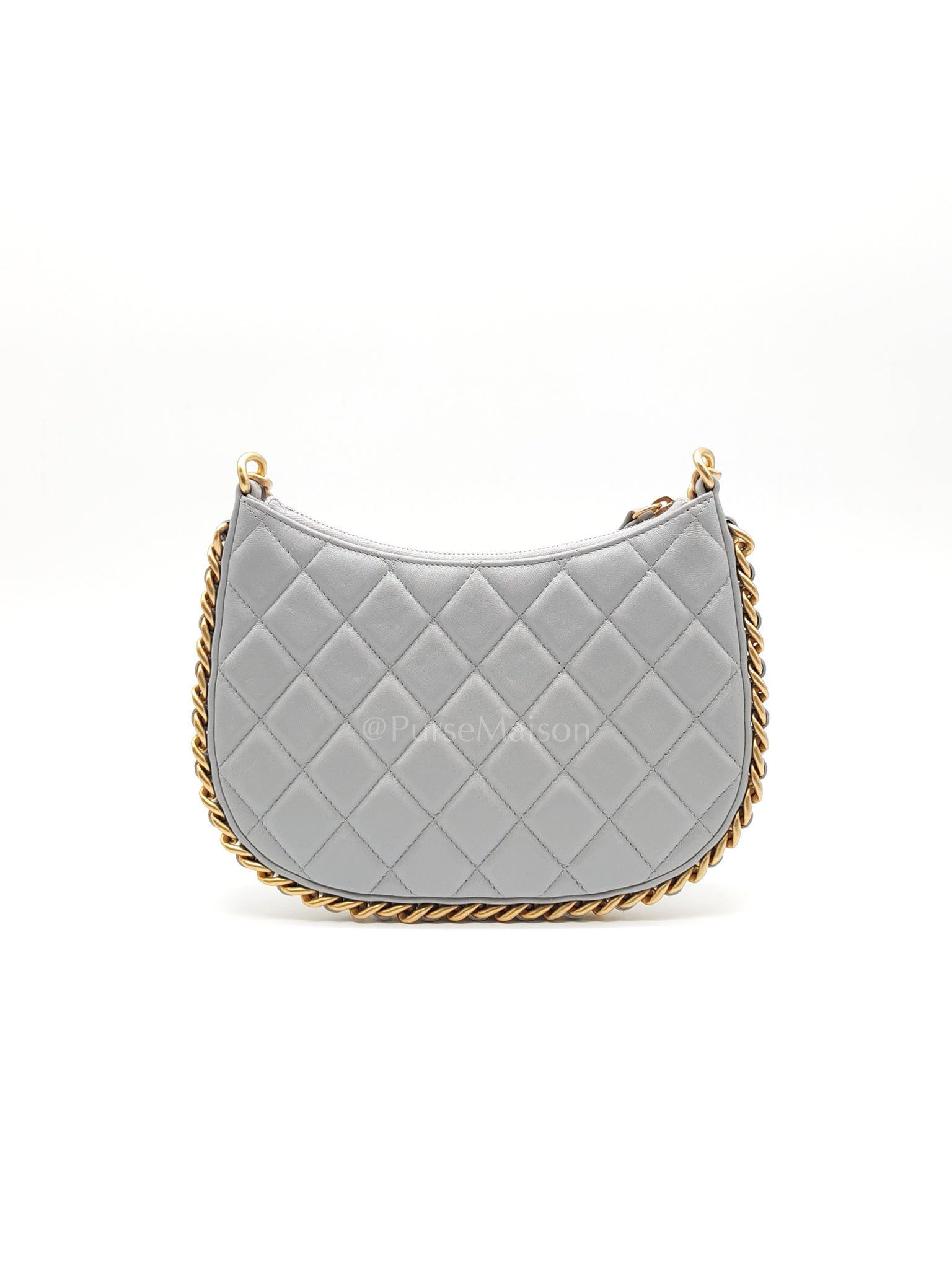 23B Hobo Bag Chain Edging in Gray Quilted Lambskin Leather and Aged Gold Hardware (Microchip) | Purse Maison Luxury Bags Shop