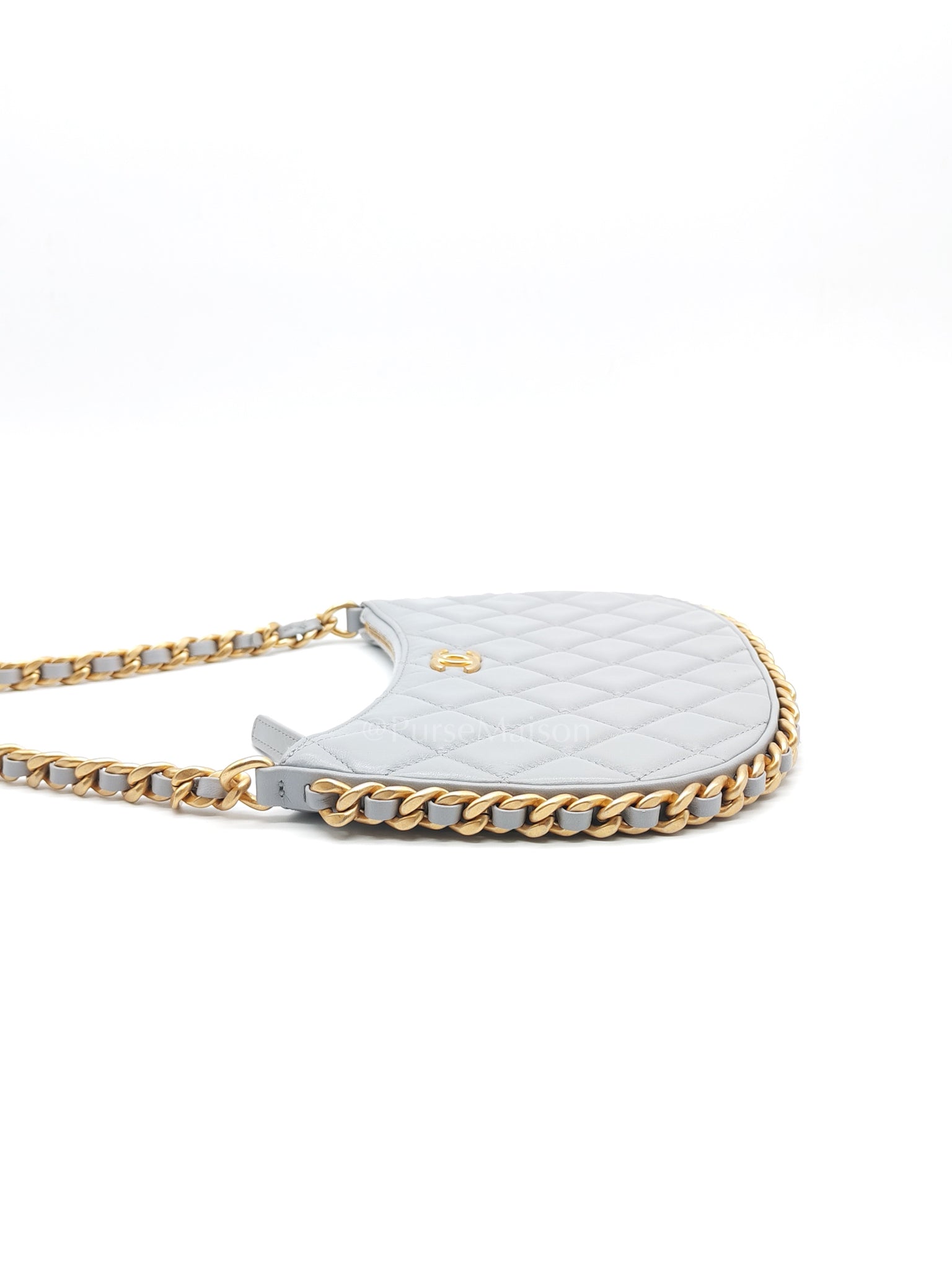 23B Hobo Bag Chain Edging in Gray Quilted Lambskin Leather and Aged Gold Hardware (Microchip) | Purse Maison Luxury Bags Shop