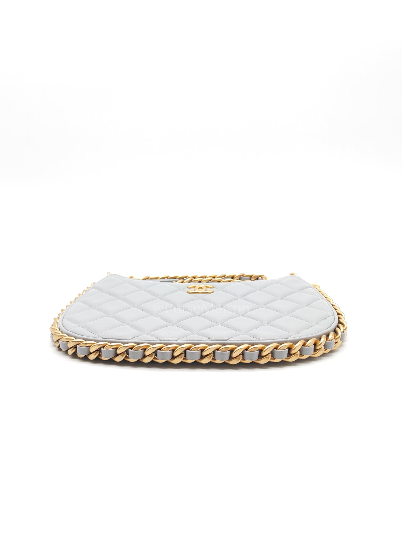 23B Hobo Bag Chain Edging in Gray Quilted Lambskin Leather and Aged Gold Hardware (Microchip) | Purse Maison Luxury Bags Shop